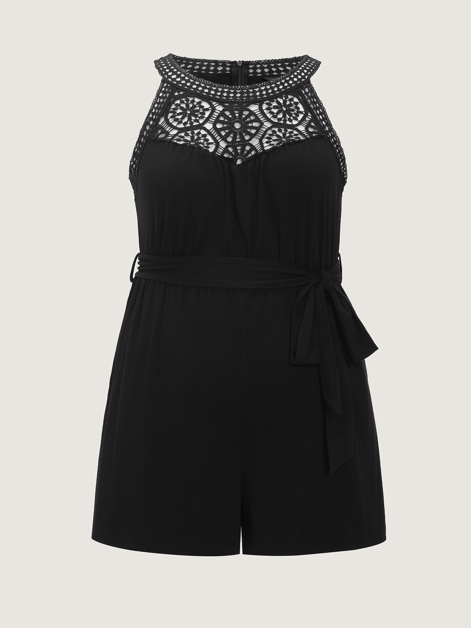 Side view of BloomChic Women's Plus Size Sheer Lace Neckline Waist-Tie Romper Black Vacation 28/5X