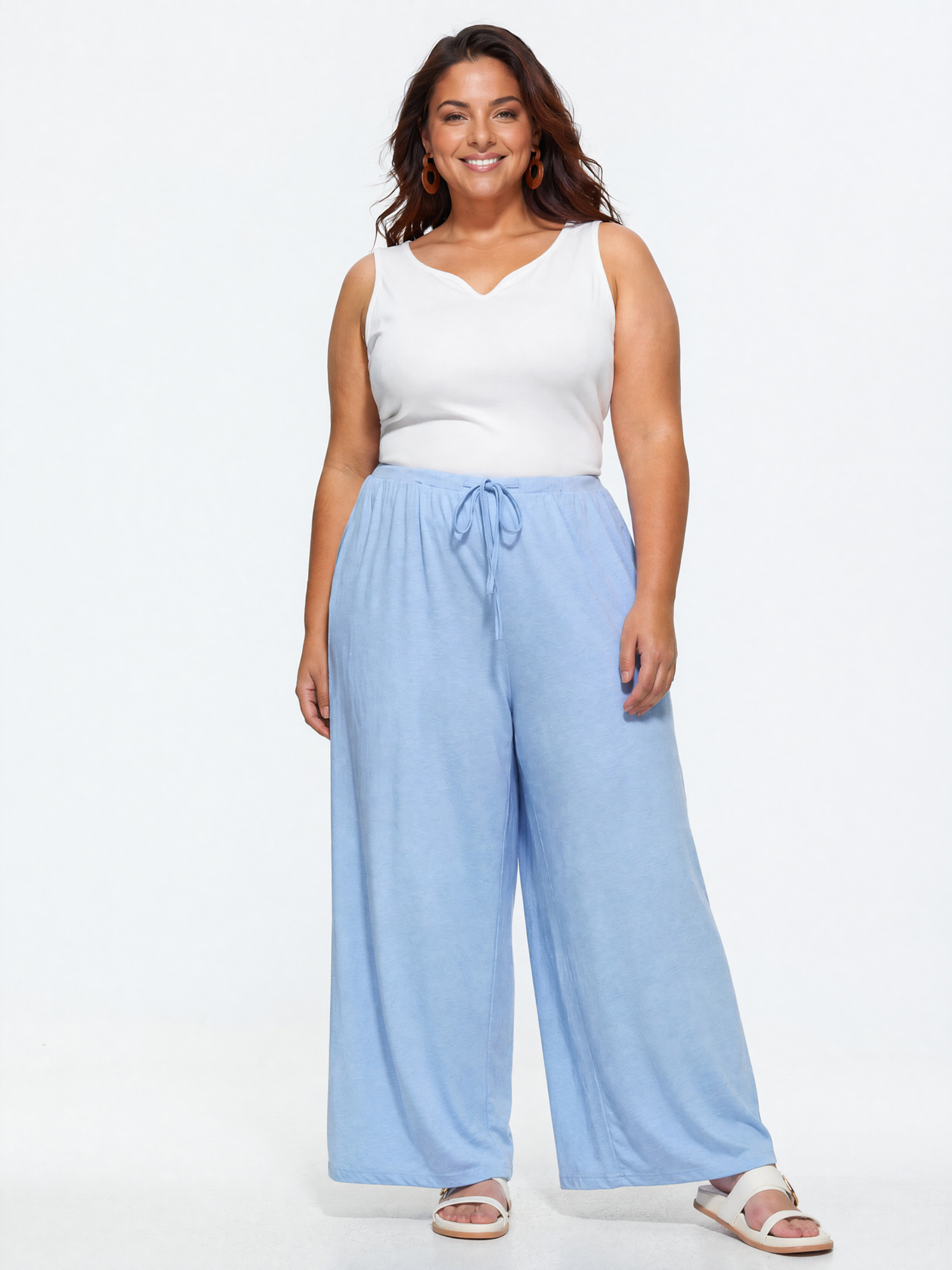 Side view of BloomChic Women's Plus Size Supersoft Drawstring Waist Plain Lounge Bottoms LightBlue 30/6X