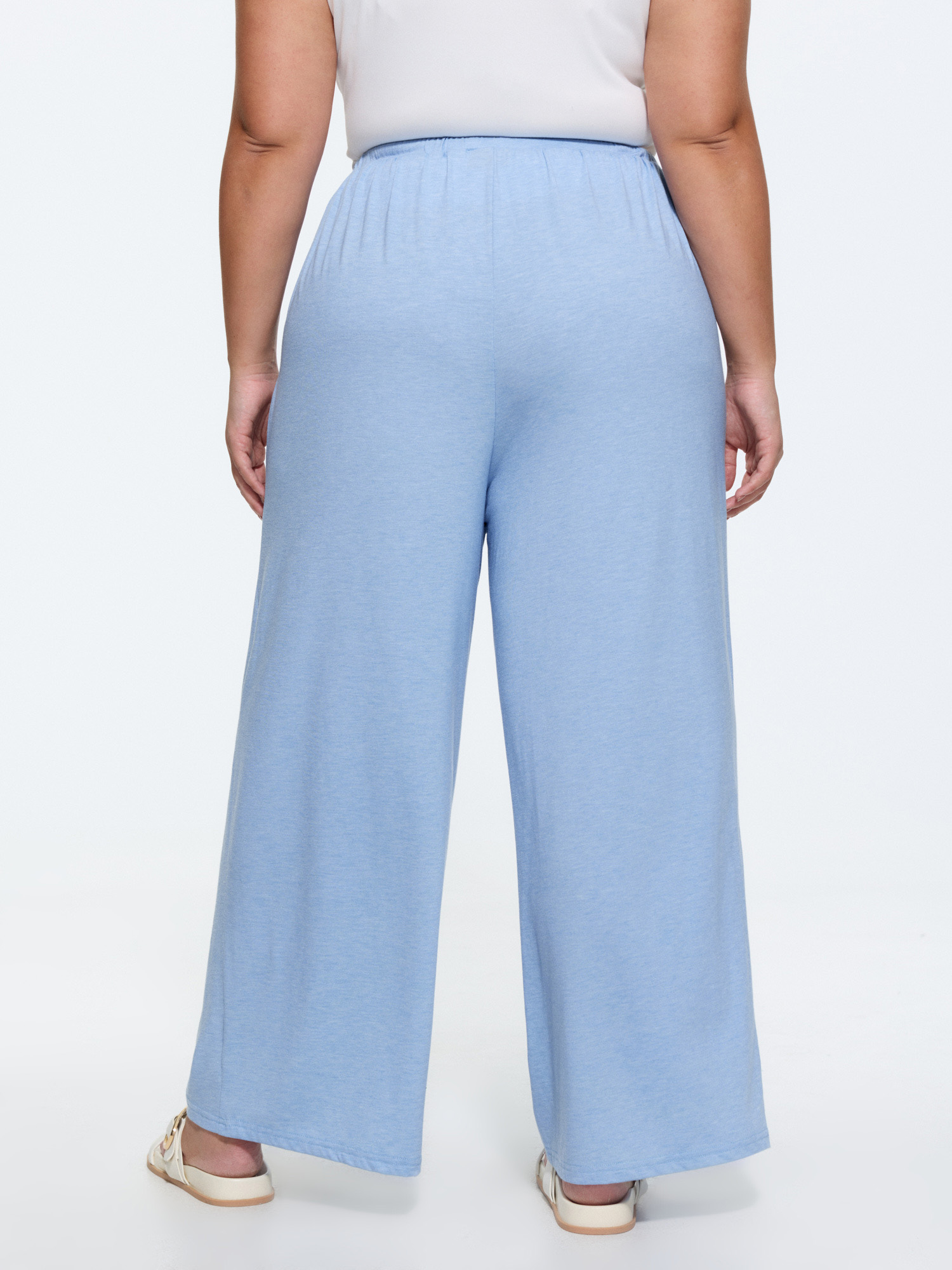 Side view of BloomChic Women's Plus Size Supersoft Drawstring Waist Plain Lounge Bottoms LightBlue 30/6X