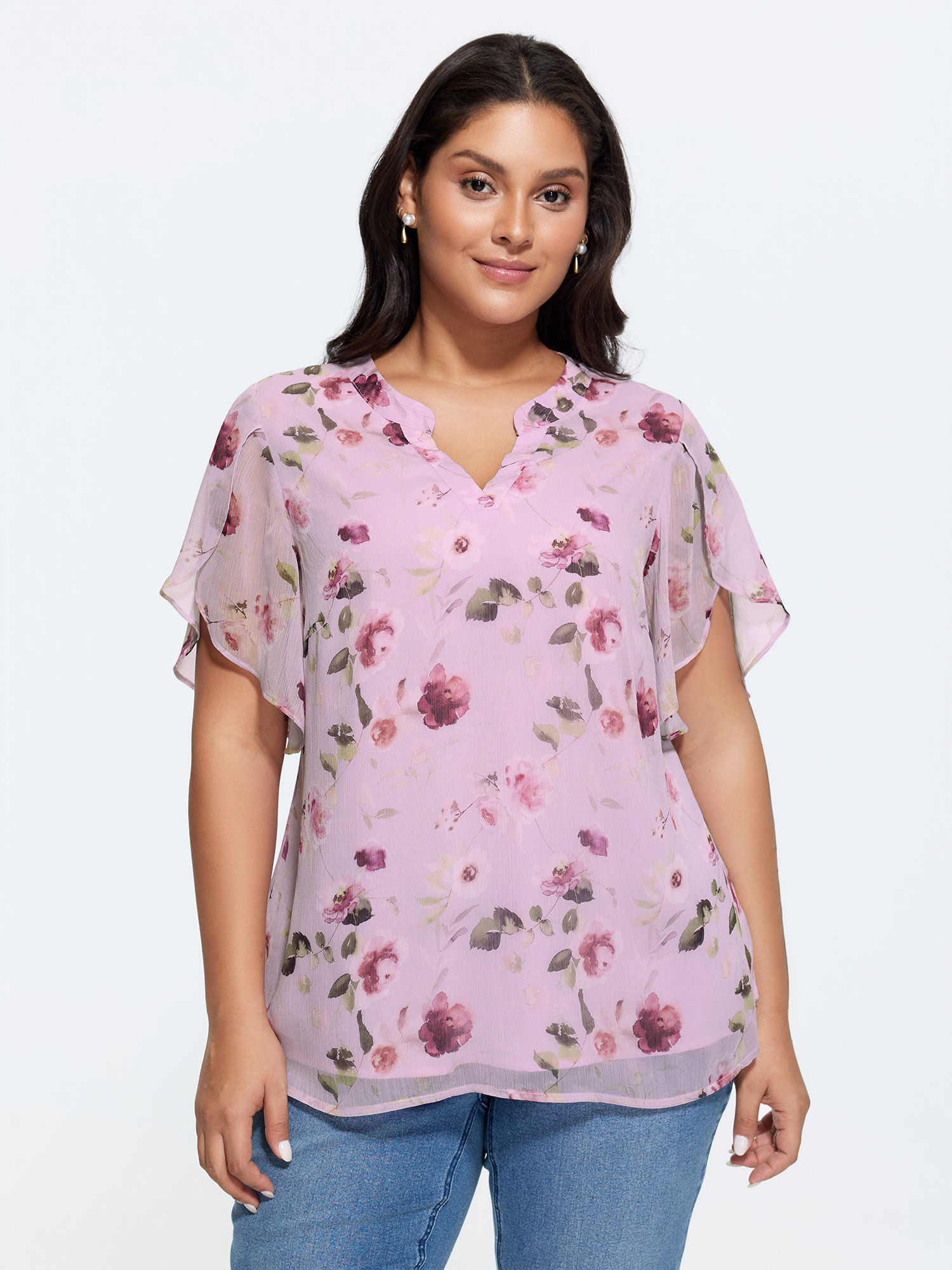 BloomChic Women's Plus Size Sweet Floral Print Petal Sleeve Blouse Lavender Everyday-Elegant Short sleeve 18-20/2X