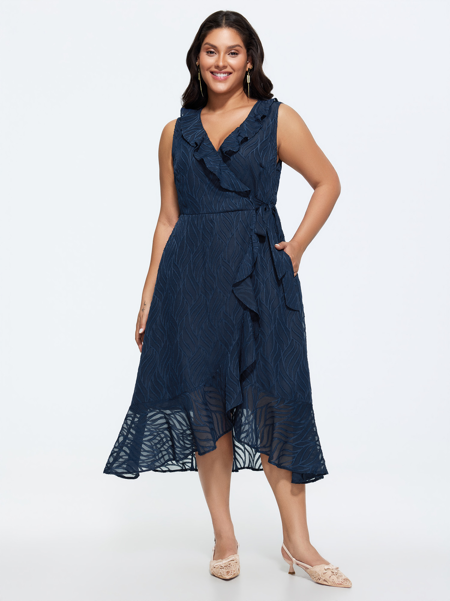 BloomChic Women's Plus Size Sheer Textured Ruffled Wrap Midi Dress DarkBlue Else Midi Everyday-Elegant Cable Knit 10/M