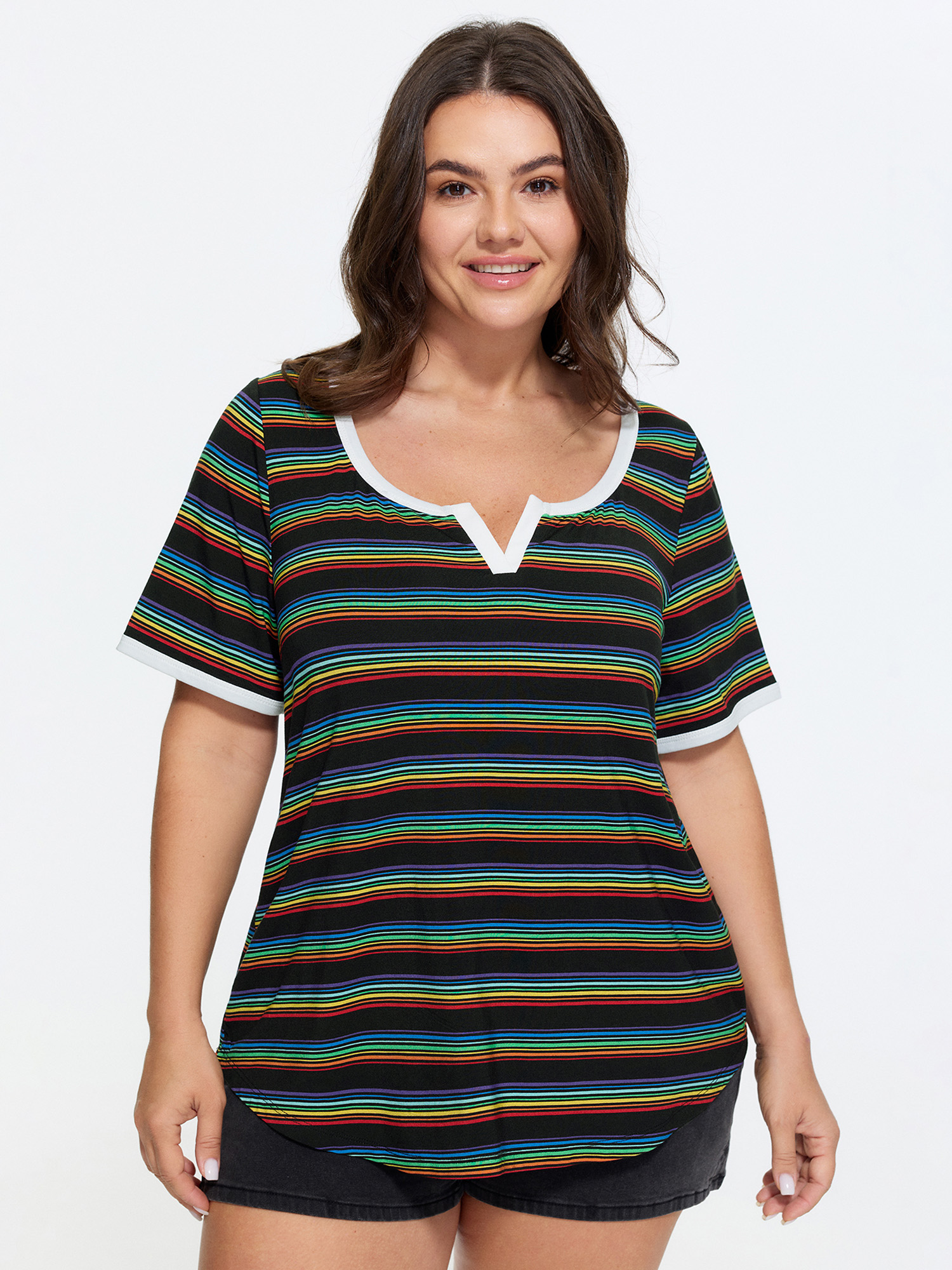BloomChic Women's Plus Size Stretchy Colorful Striped Print T-Shirt Black Stripes Everyday-Casual Short sleeve V-Notch Neck 10/M