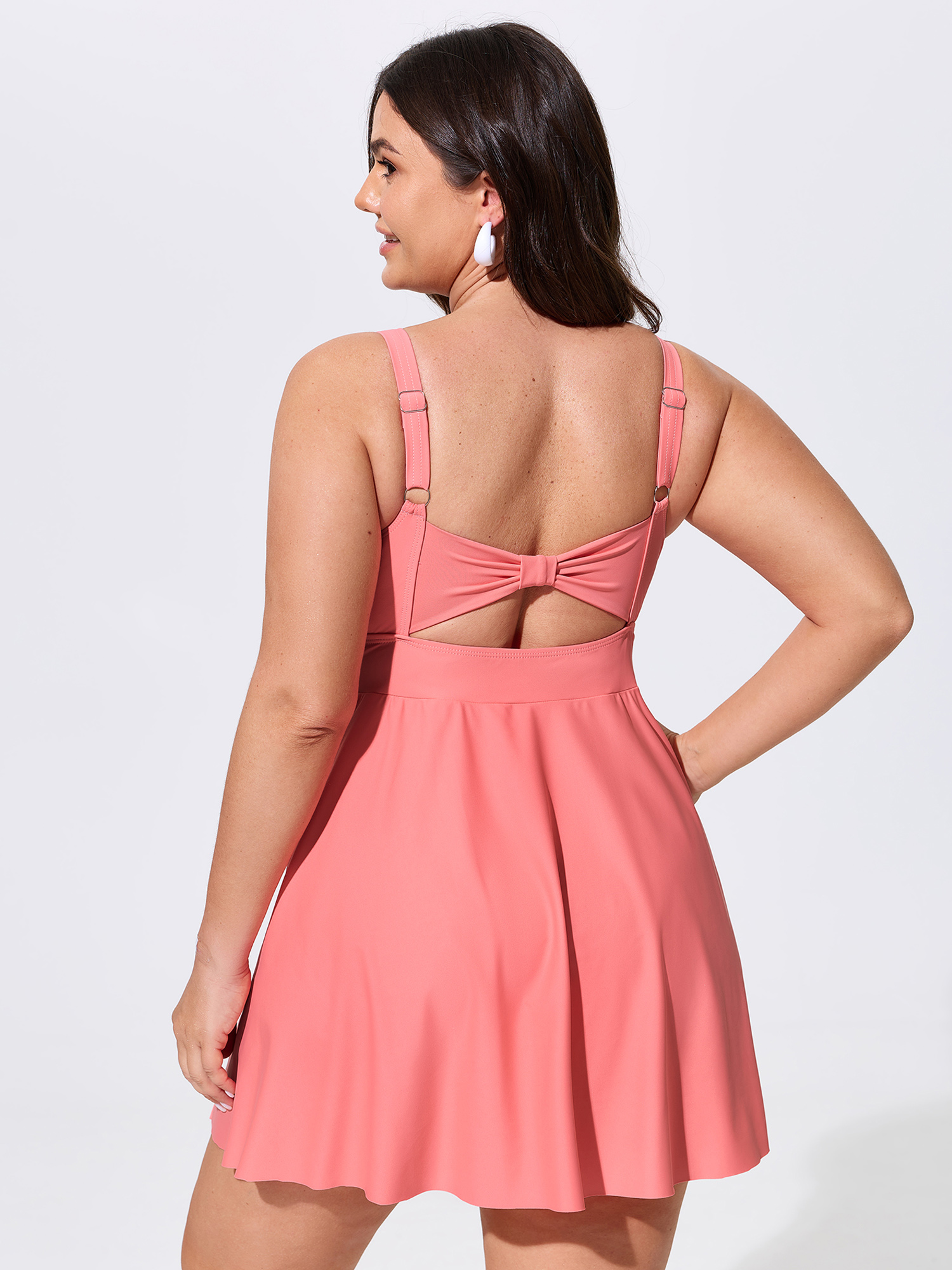 BloomChic Women's Plus Size Cut-Out Back Ruched Front Swim Dress Salmon Solid Twist Adjustable Straps 10/M