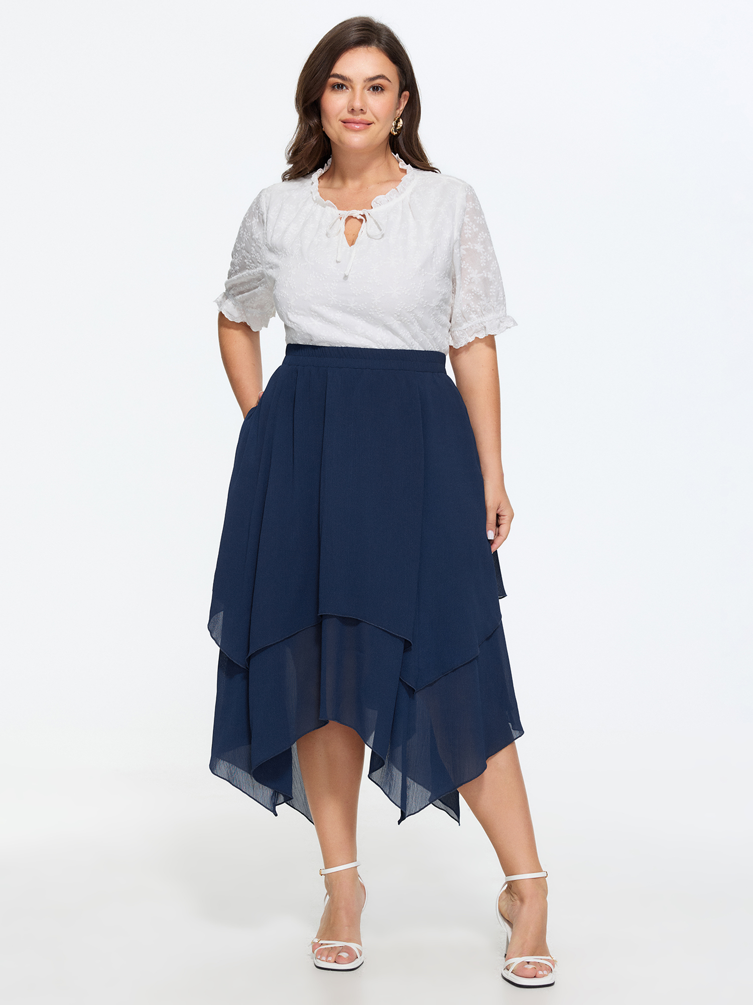 Side view of BloomChic Women's Plus Size Stretchy Sheer Layered Flowy Maxi Skirt DarkBlue Tiered Non Elegant 28/5X