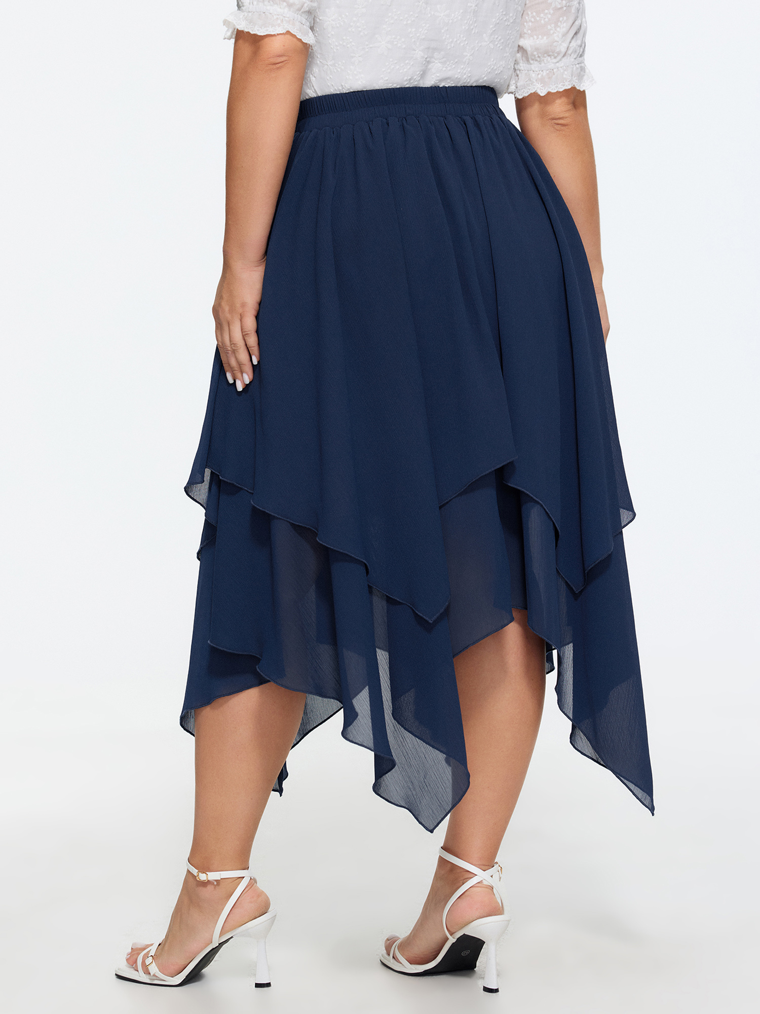 Side view of BloomChic Women's Plus Size Stretchy Sheer Layered Flowy Maxi Skirt DarkBlue Tiered Non Elegant 28/5X