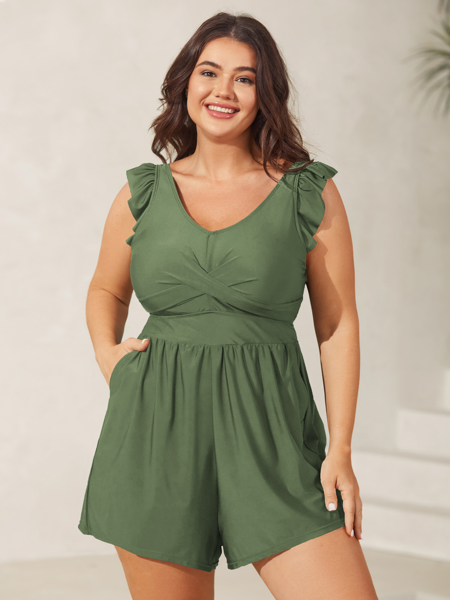 BloomChic Women's Plus Size Twist Front Ruffled One-Piece Swimsuit ArmyGreen Solid Twist Hip-Flattering 30/6X-image-48819529646250