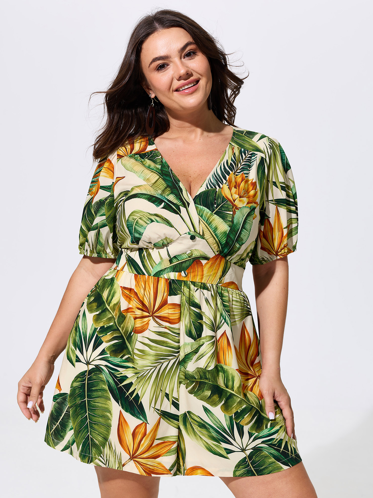 BloomChic Women's Plus Size Tropical Print Shirred Wide-Leg Romper Truegreen Vacation 12/L-image-48493941522602
