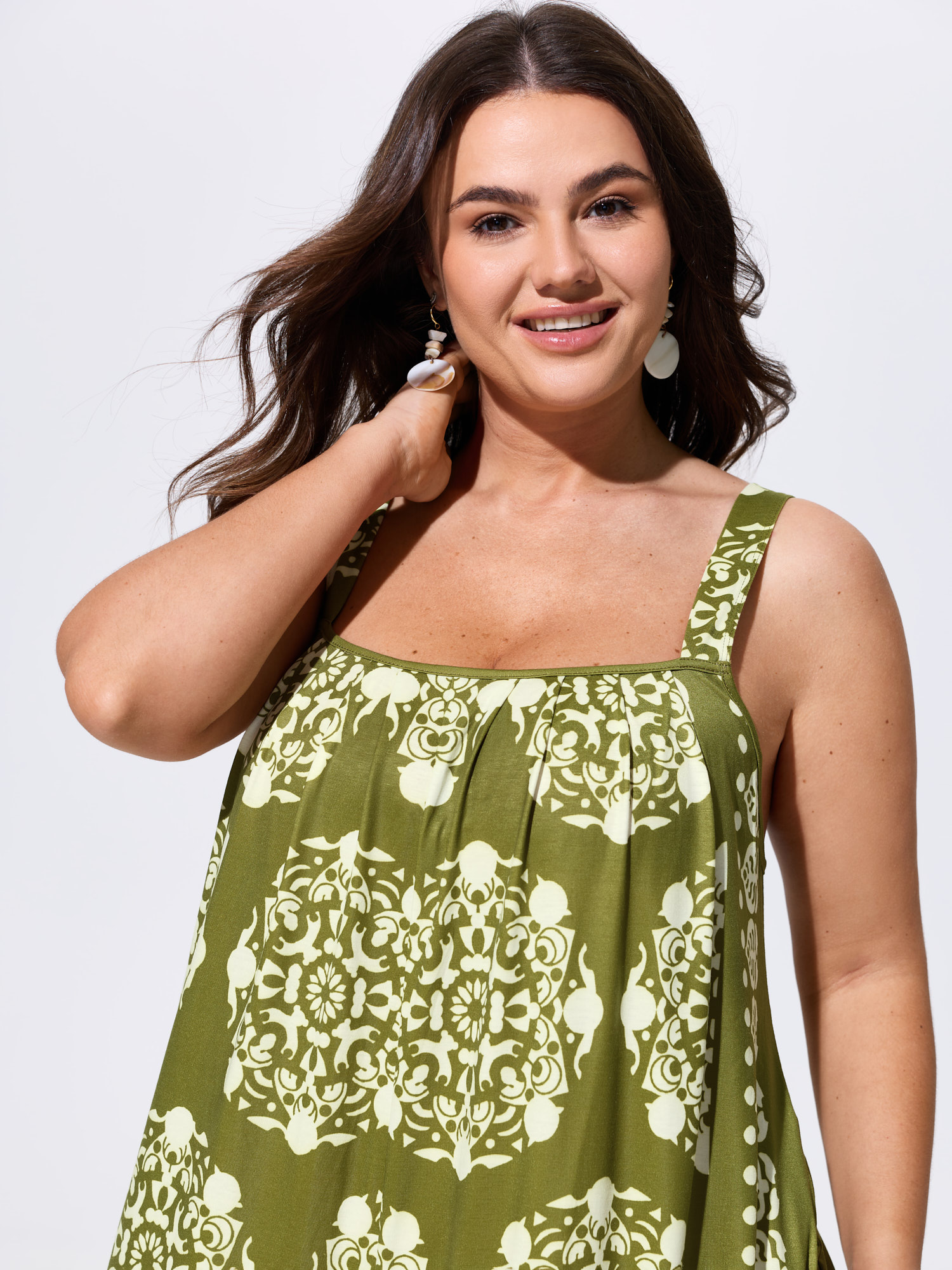 Side view of BloomChic Women's Plus Size Sunkissed Stretchy Adjustable Strap Jumpsuit Olive Vacation 10/M