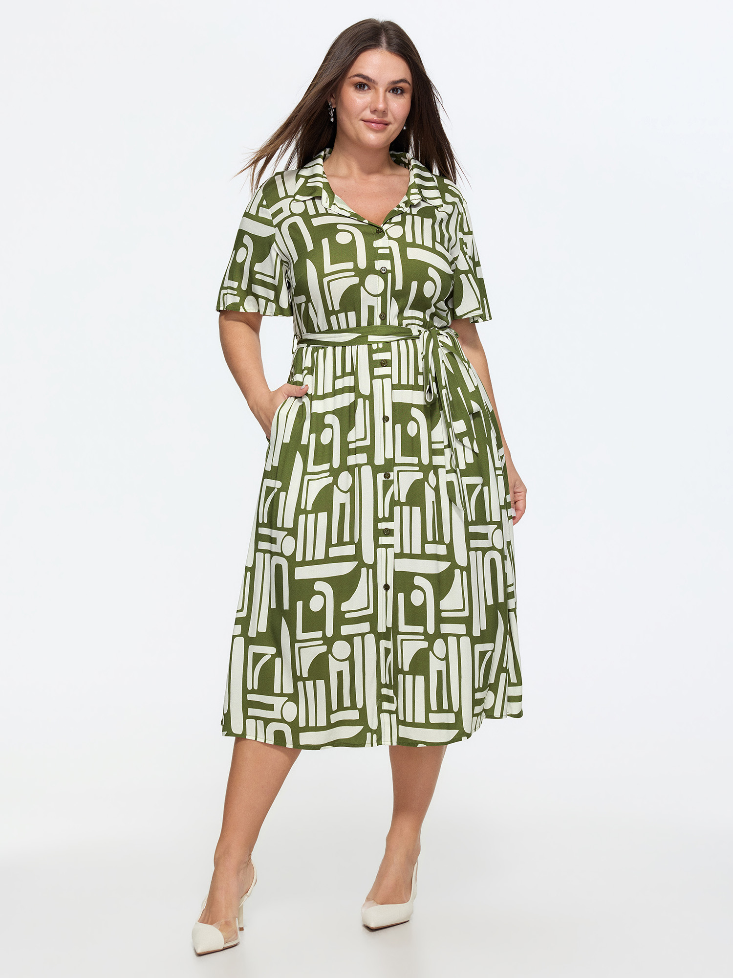 BloomChic Women's Plus Size Geometric Print Pockets Collared Midi Dress Olive Abstract Length Office Non 30/6X