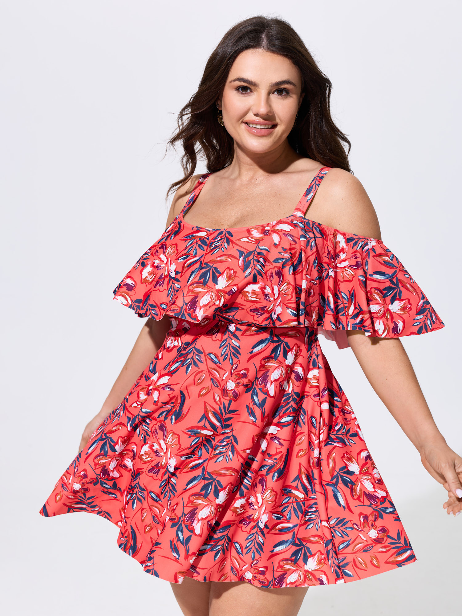 BloomChic Women's Plus Size Floral Ruffle Trim Off Shoulder Pockets Swim Dress Russet Floral Non Stay-Put Hem Detail 22-24/3X