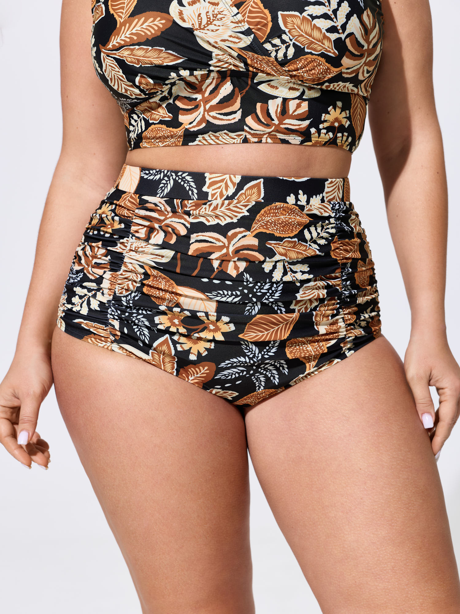 BloomChic Women's Plus Size Tropical Floral Print High Waisted Tummy-Control Bikini Bottoms Amber Tropical cropped Non Elastic Waist 10/M