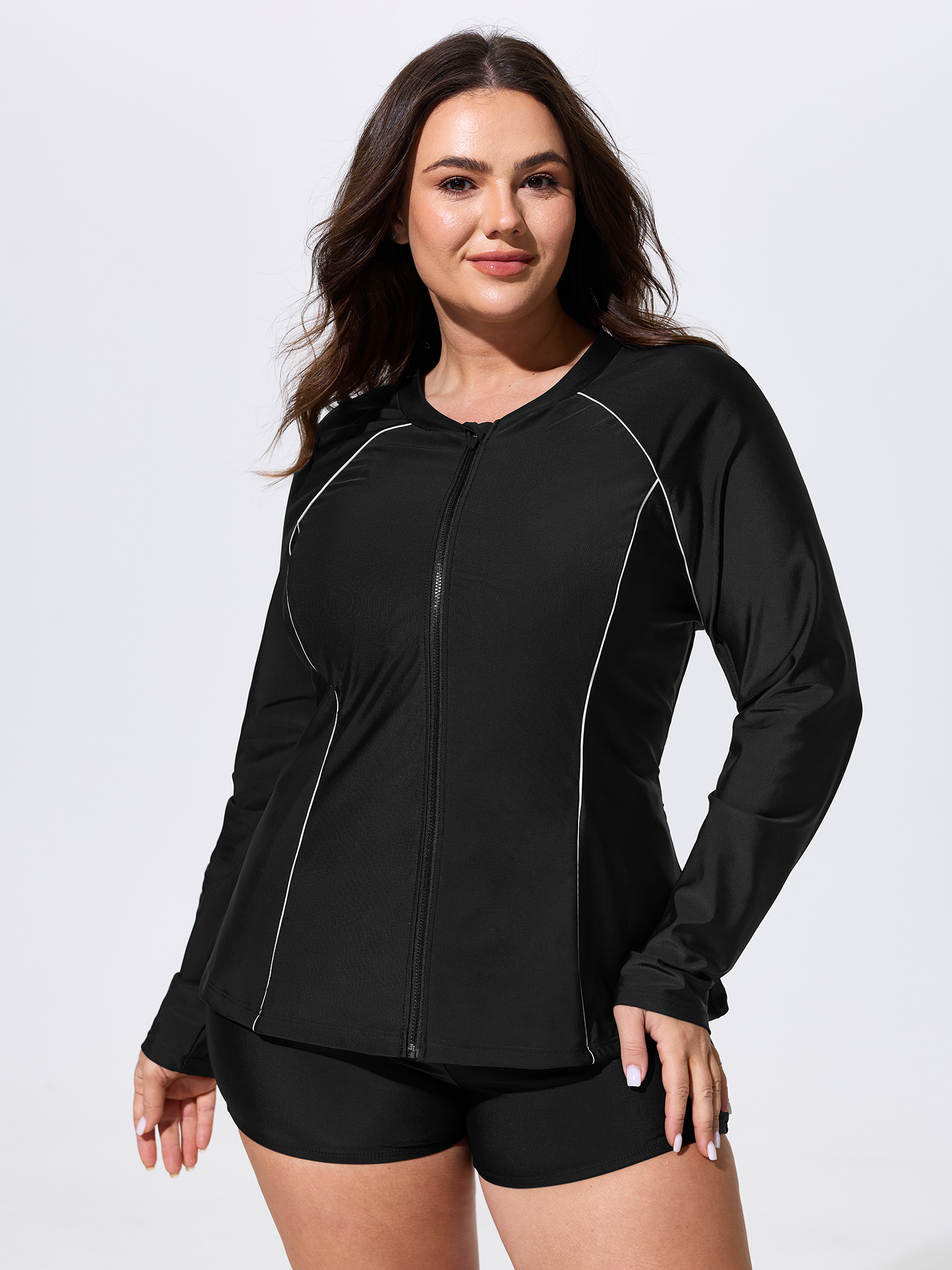 BloomChic Women's Plus Size Zipper-Front Fitted Swim Top Black Solid Long Sleeve Colorblock 10/M