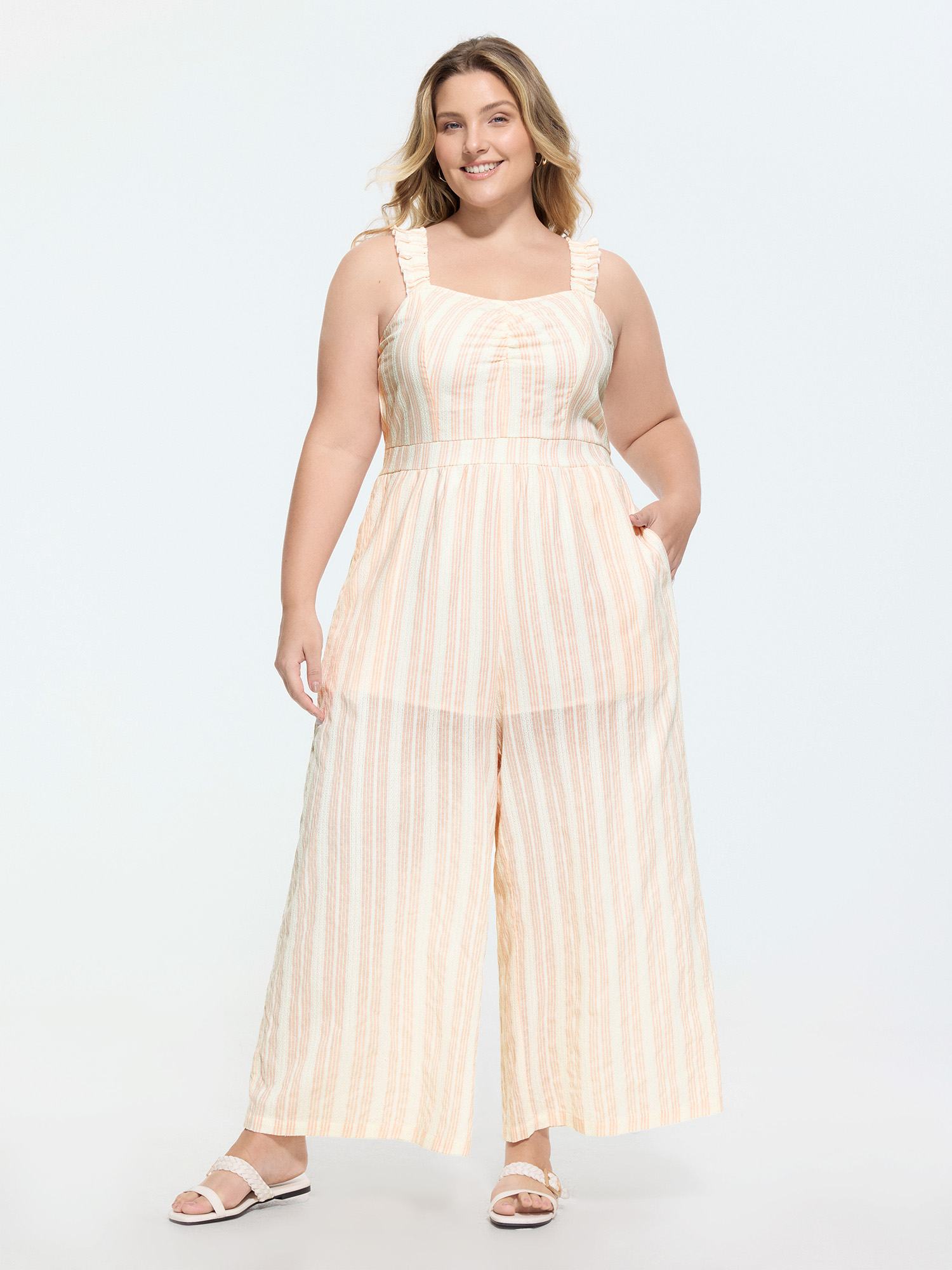 BloomChic Women's Plus Size Sheer Striped Print Shirred Straps Jumpsuit MistyRose Casual 18-20/2X-image-48384869302442