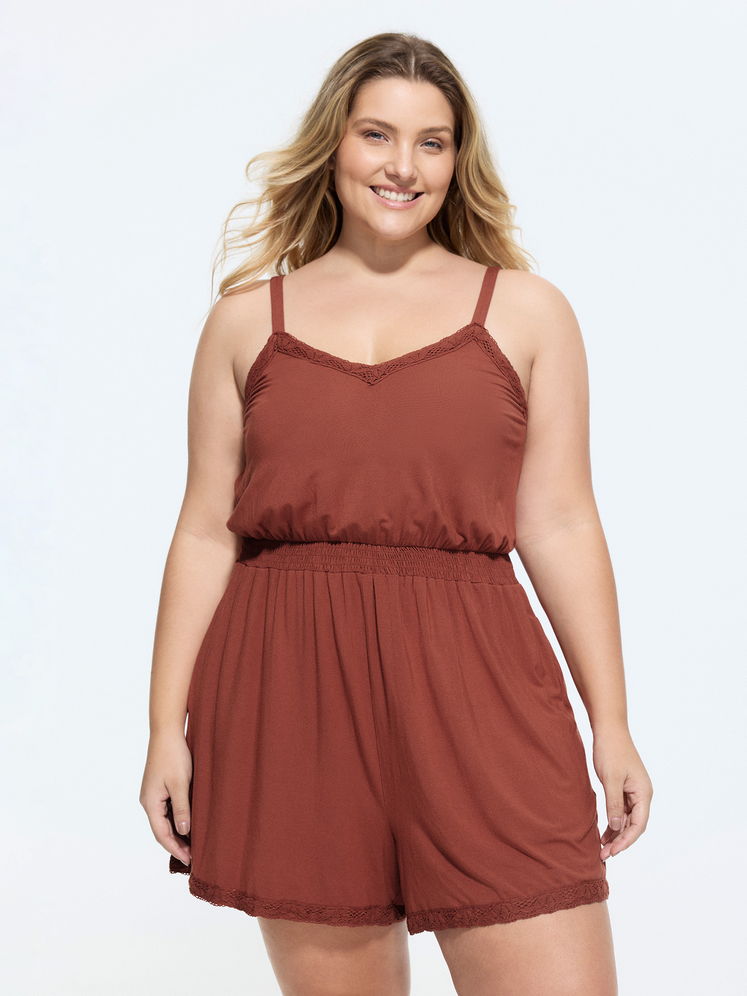 BloomChic Women's Plus Size Supersoft Lace Detail Lounge Romper Rust not graphics short 12/L-image-48384862093482