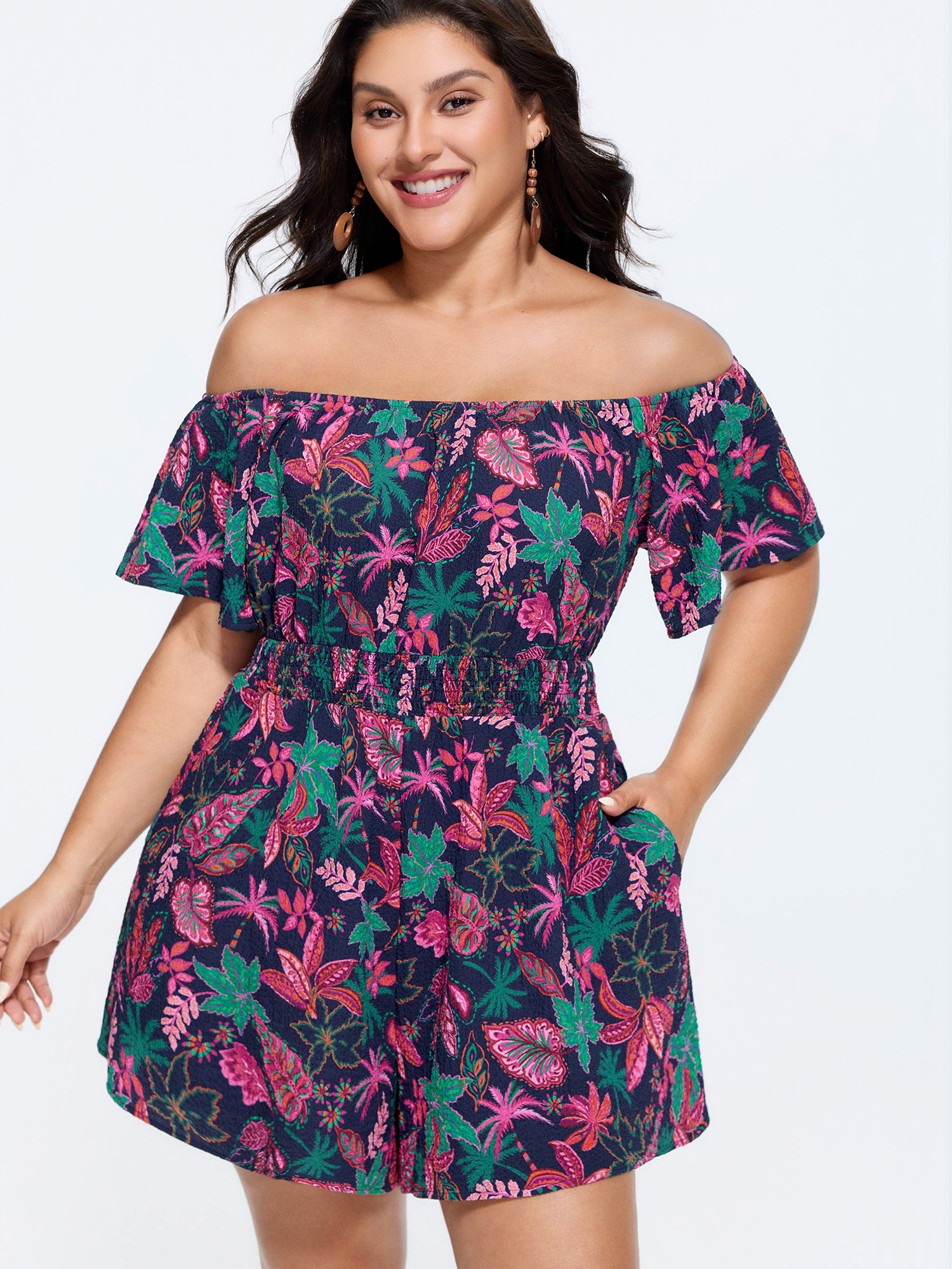 BloomChic Women's Plus Size Floral Print Ruffled Off-Shoulder Romper Multicolor Vacation 12/L-image-48453166465194