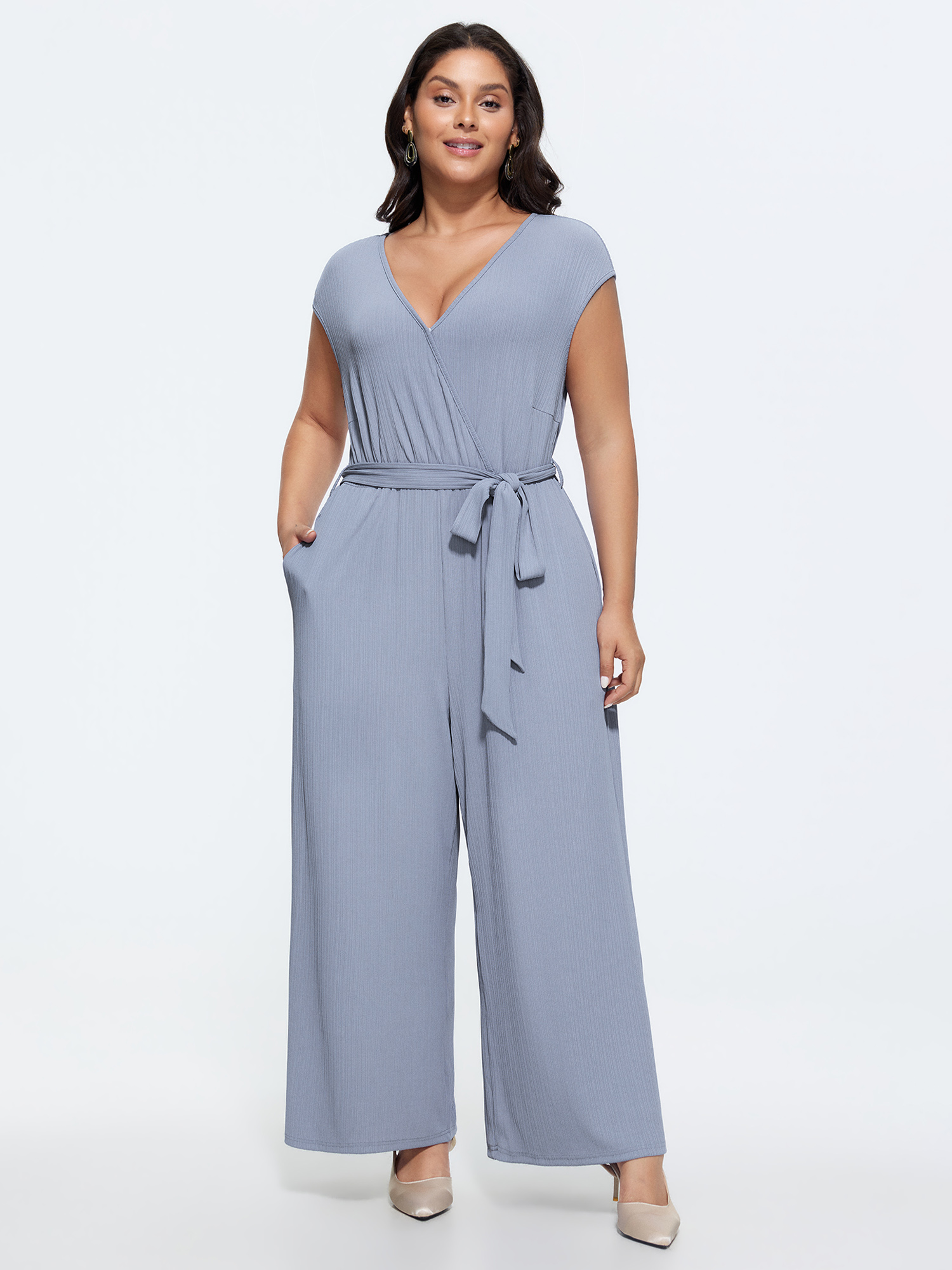 BloomChic Women's Plus Size Textured Waist Side-Tie Wide-Leg Jumpsuit Stone Elegant 28/5X-image-48453139955882