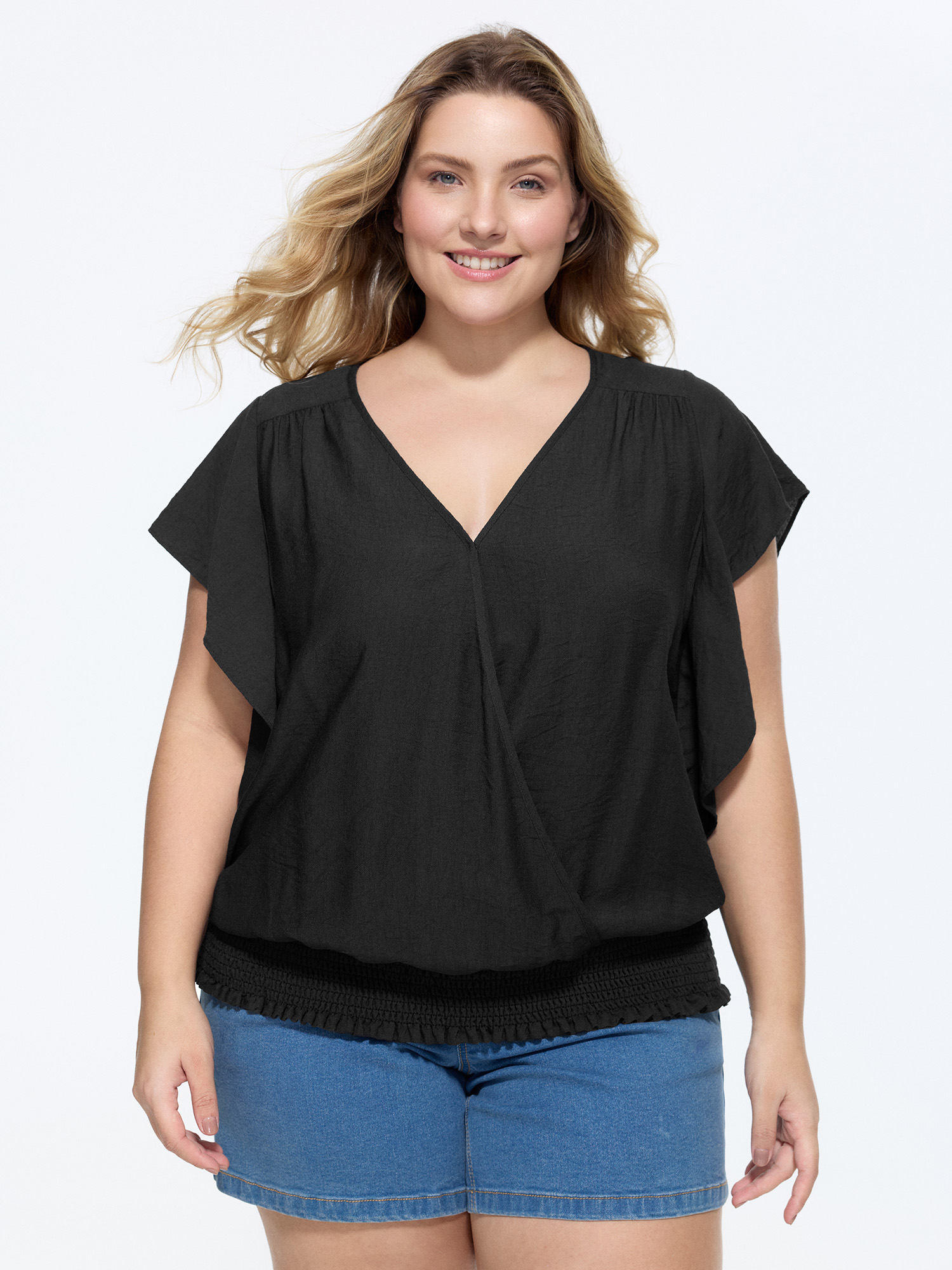 BloomChic Women's Plus Size Flared Sleeve Shirred Hem Plain Blouse Black Solid Everyday-Casual Short sleeve V-Neck 12/L