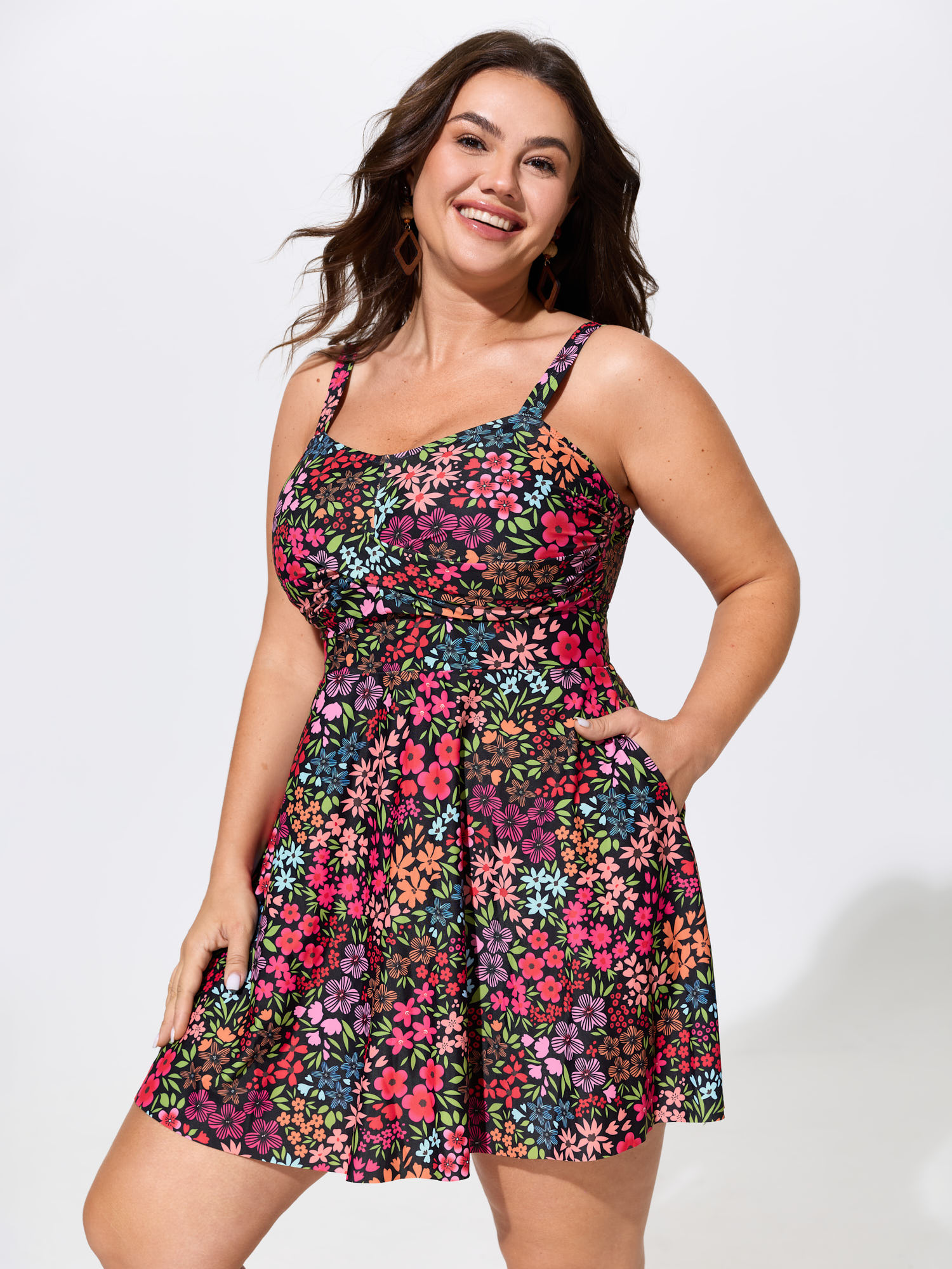 BloomChic Women's Plus Size Colorful Floral Print Pockets Flowy Swim Dress BlackFlower Floral Twist Adjustable Straps 10/M