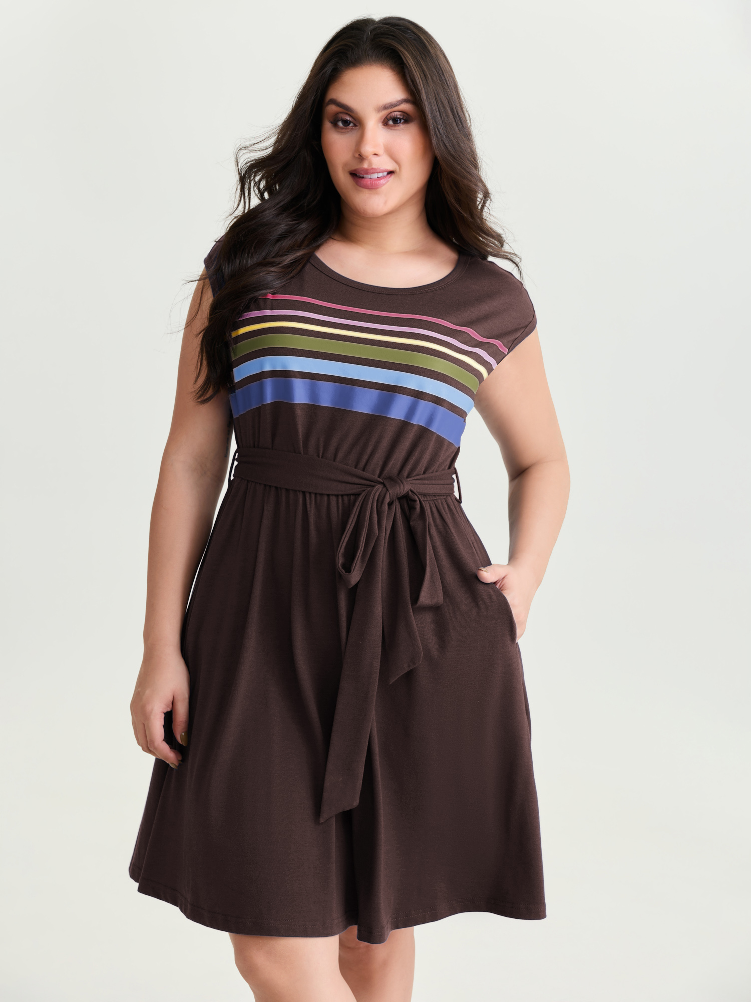 BloomChic Women's Plus Size Supersoft Colorful Striped Print Mini Dress DarkBrown Solid Knee Length Everyday-Casual Bowknot 22-24/3X