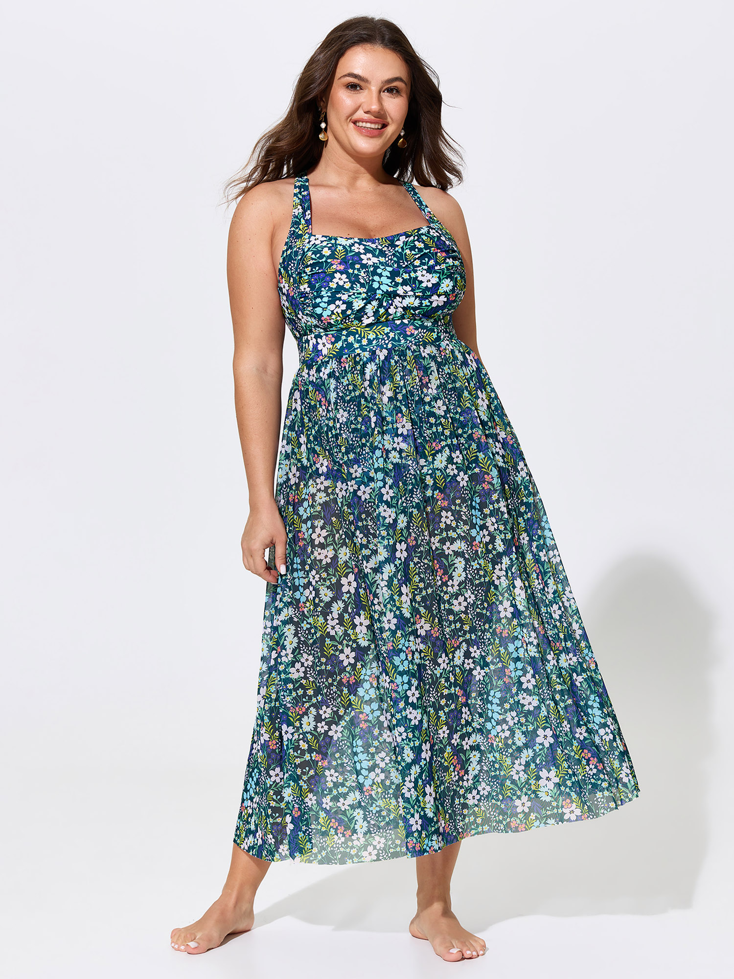 BloomChic Women's Plus Size Sheer Sarong Two-Piece Ruched Print One-Piece Swim Multicolor Ditsy Floral Mesh Panel Adjustable Straps 14-16/1X