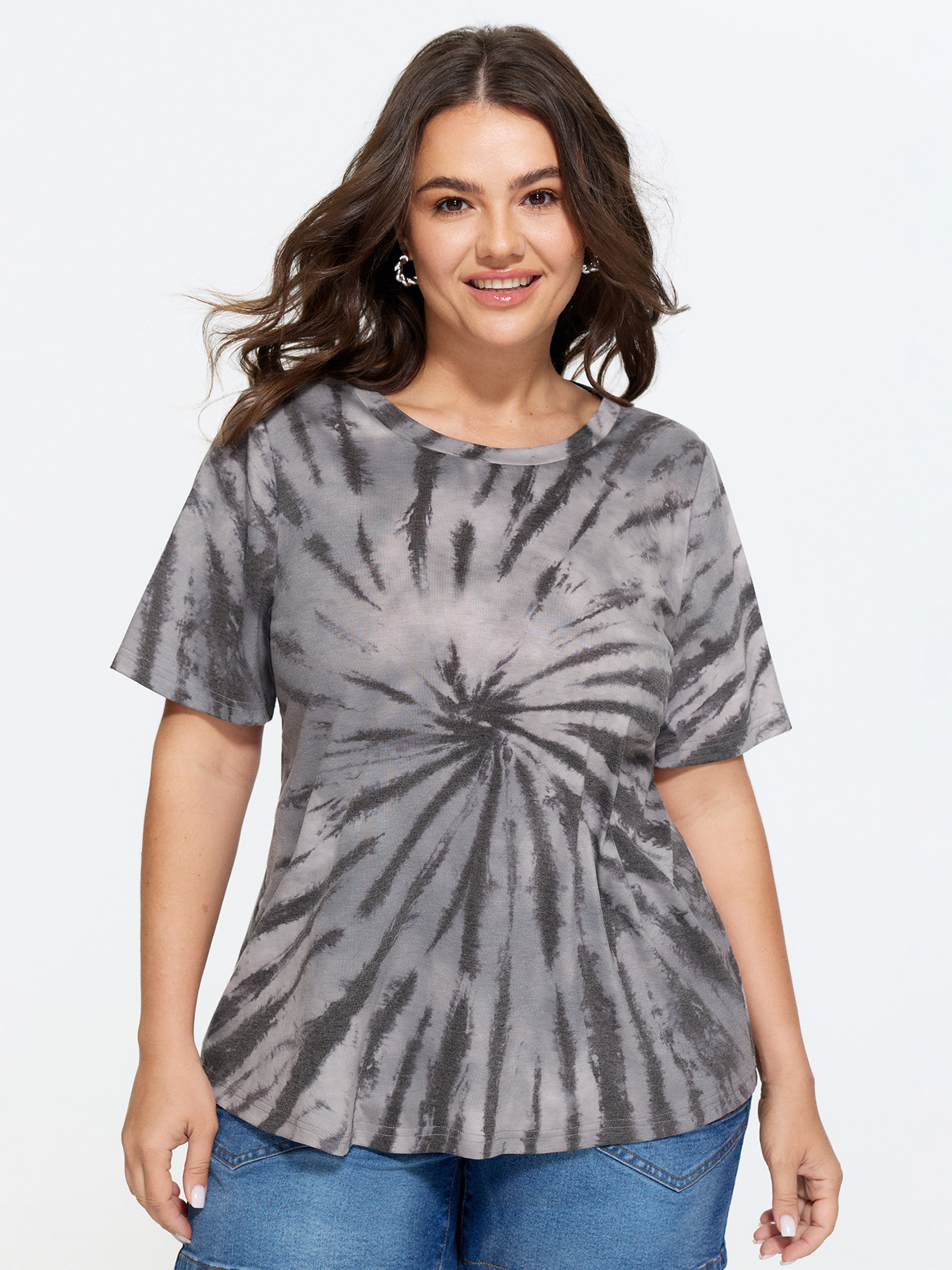BloomChic Women's Plus Size Supersoft Tie-Dye Effect Print T-Shirt DarkGray Tie-dye Everyday-Casual Short sleeve Round Neck 10/M