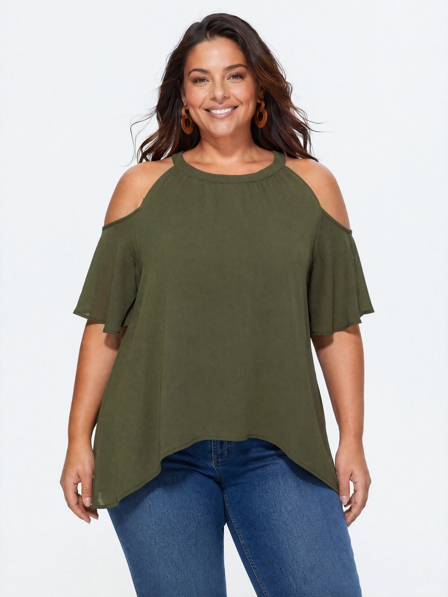 BloomChic Women's Plus Size Cut-Out Shoulder Relaxed-Fit Blouse ArmyGreen Solid Everyday-Elegant Short sleeve Cold Shoulder 10/M