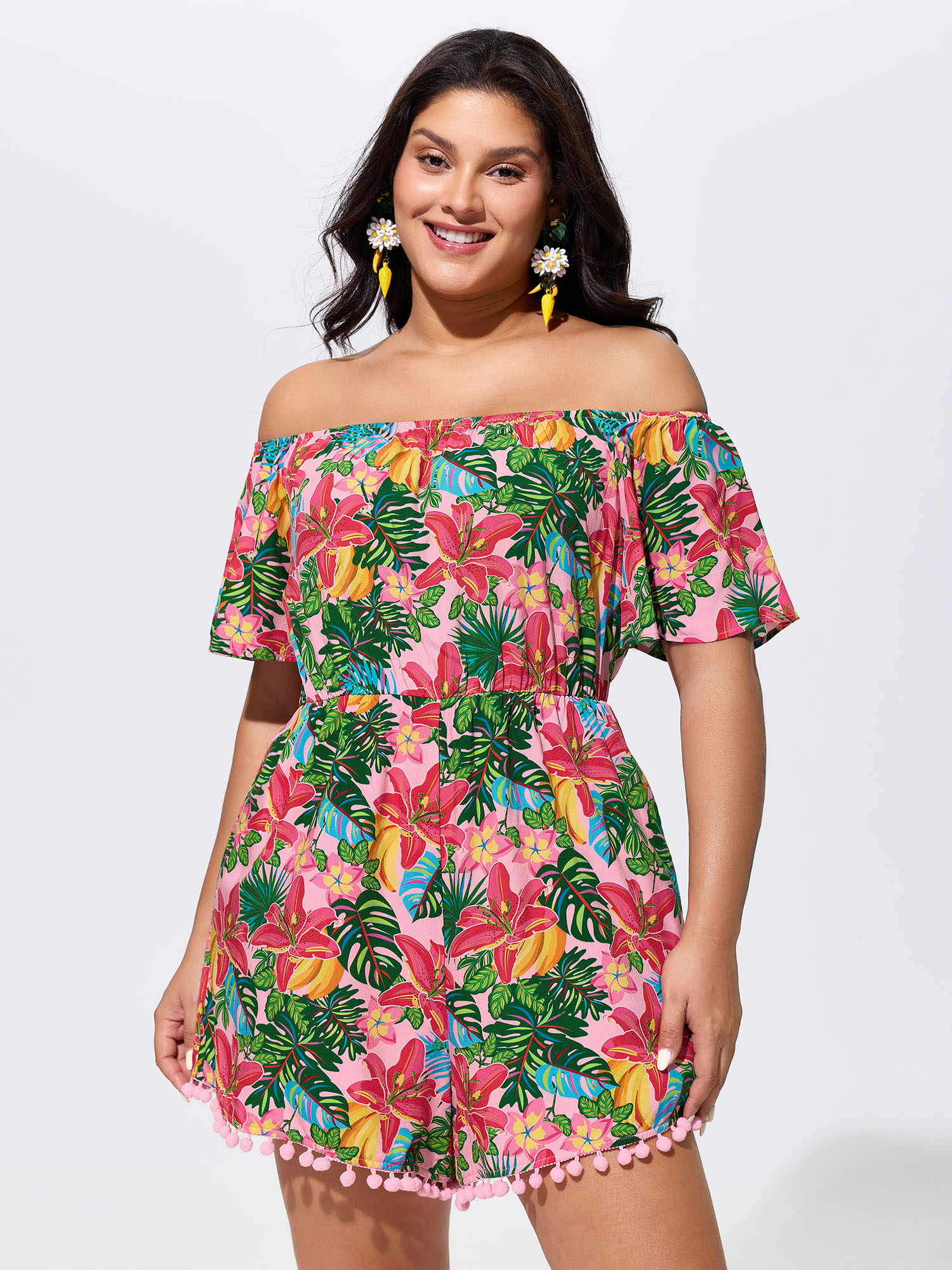 BloomChic Women's Plus Size Vibrant Floral Print Off-Shoulder Romper Blush Vacation 22-24/3X-image-48589064470698
