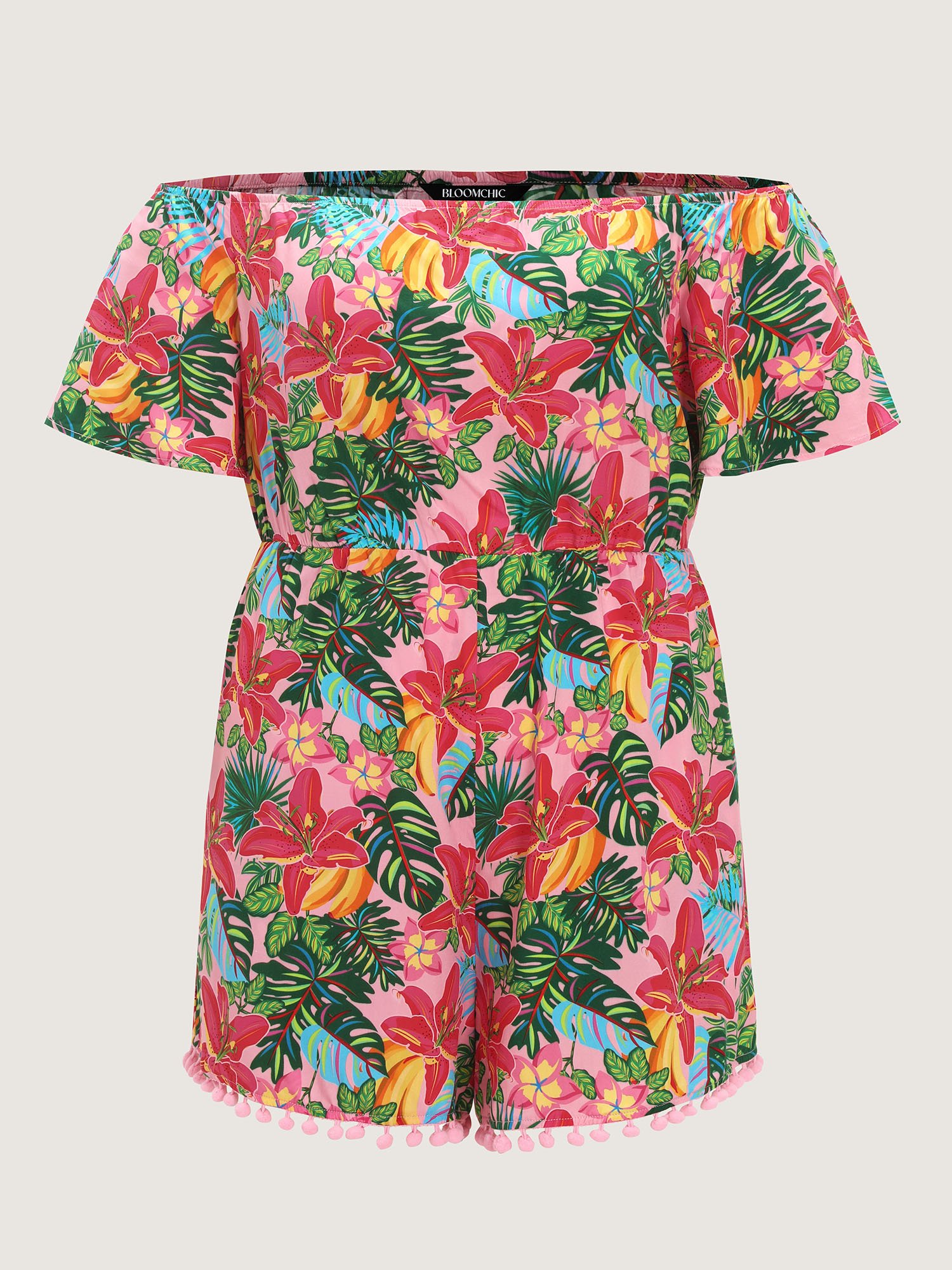 Side view of BloomChic Women's Plus Size Vibrant Floral Print Off-Shoulder Romper Blush Vacation 12/L