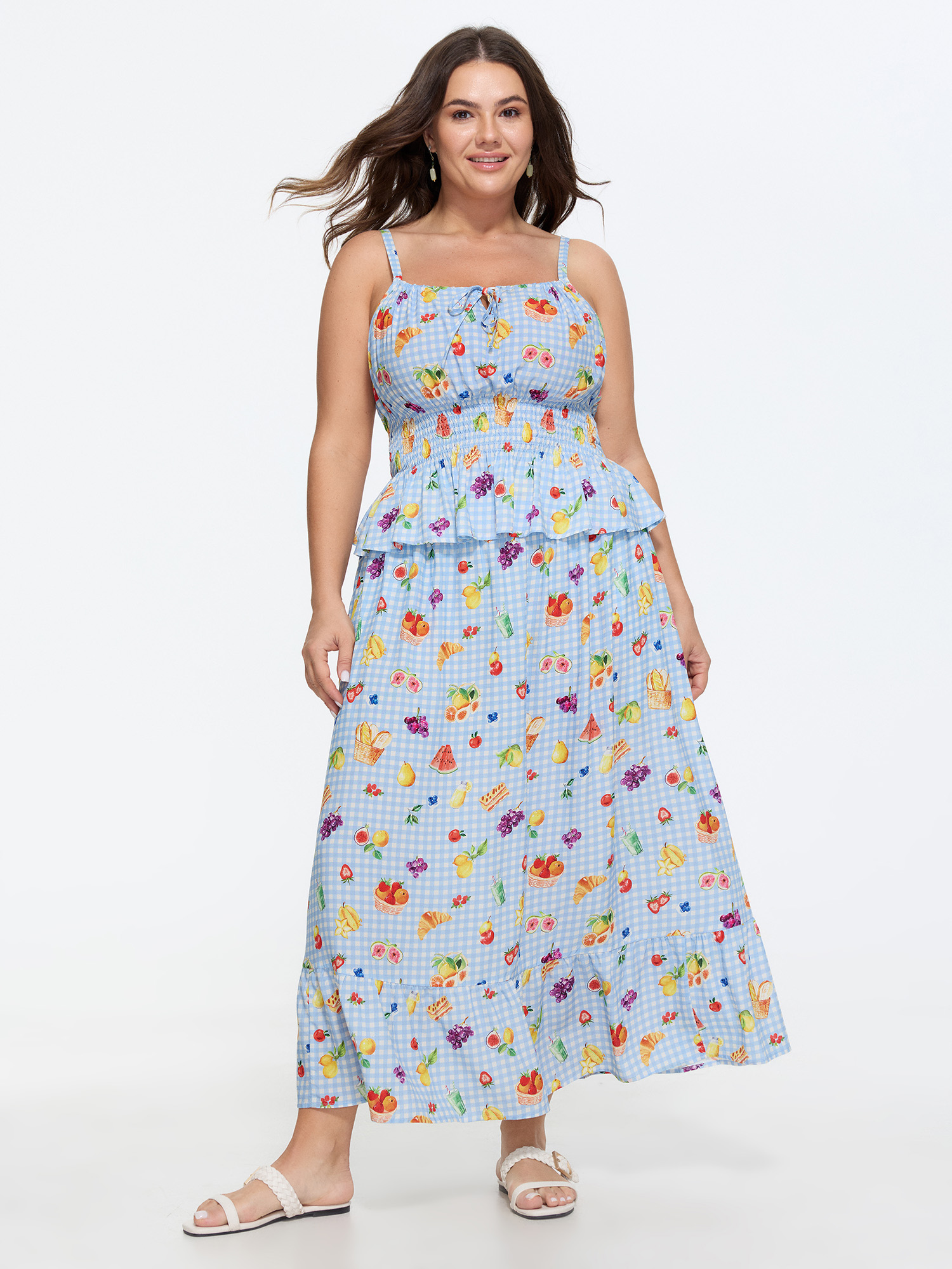 BloomChic Women's Plus Size Supersoft Colorful Fruit Print Co-Ord Set Multicolor Everyday-Casual not graphics Lace-Up Sleeveless Sleeveless No stretch 10/M