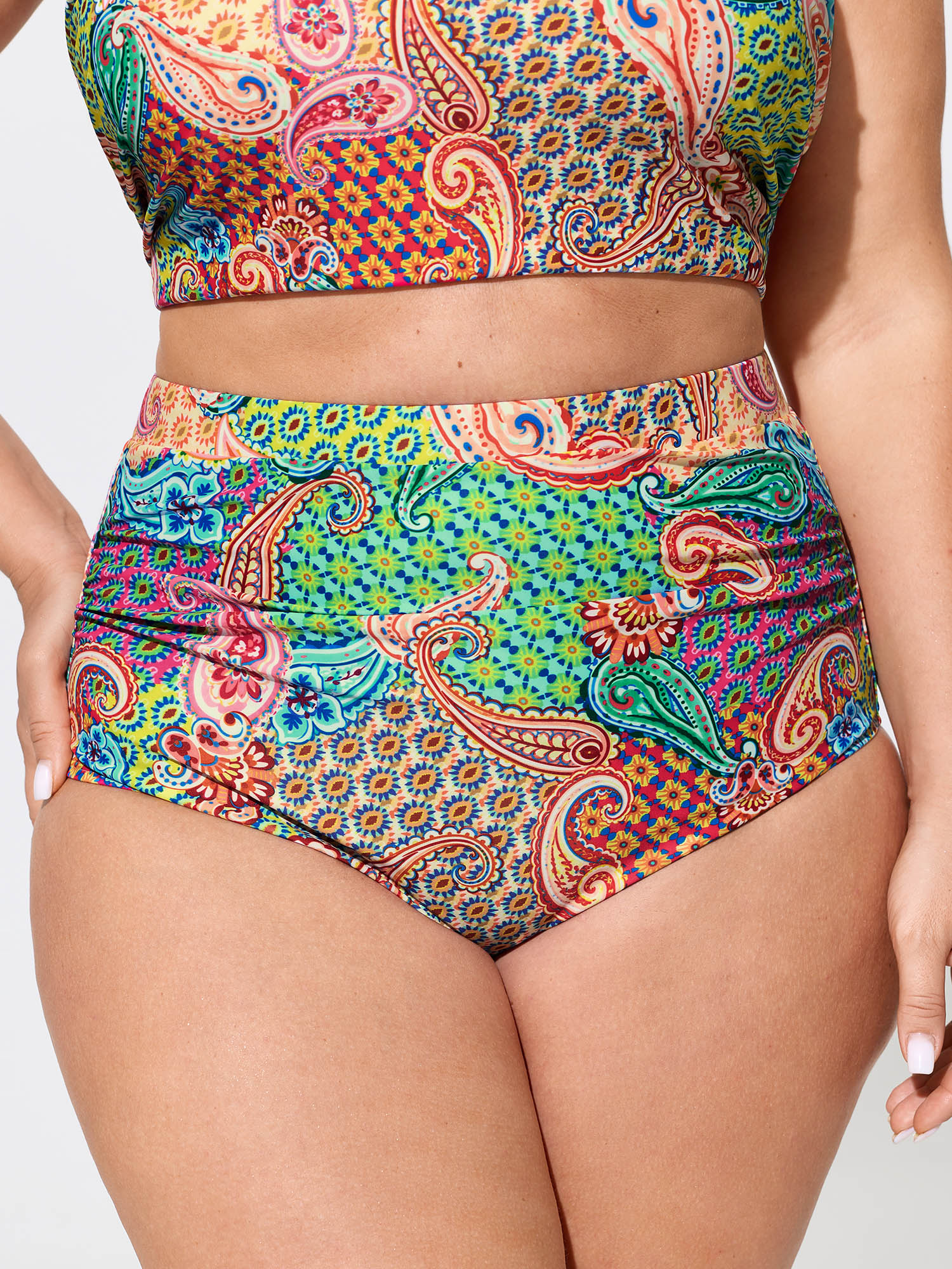 BloomChic Women's Plus Size Paisley Print High Waisted Swim Bottoms Multicolor Paisley cropped Non Elastic Waist 18-20/2X