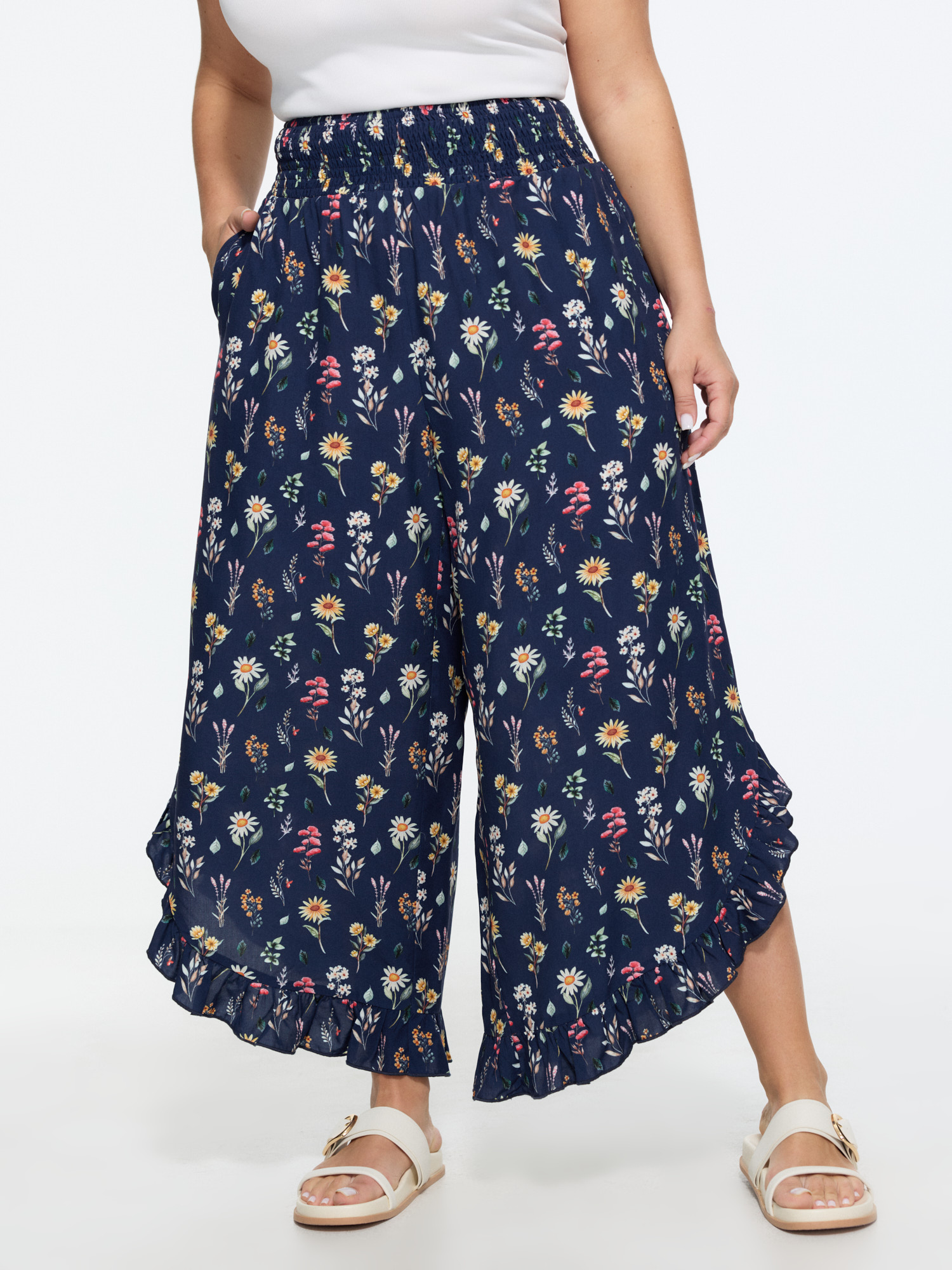 BloomChic Women's Plus Size Colorful Floral Print Shirred Waist Ruffled Pants DarkBlue Botanical Flared High Rise 10/M