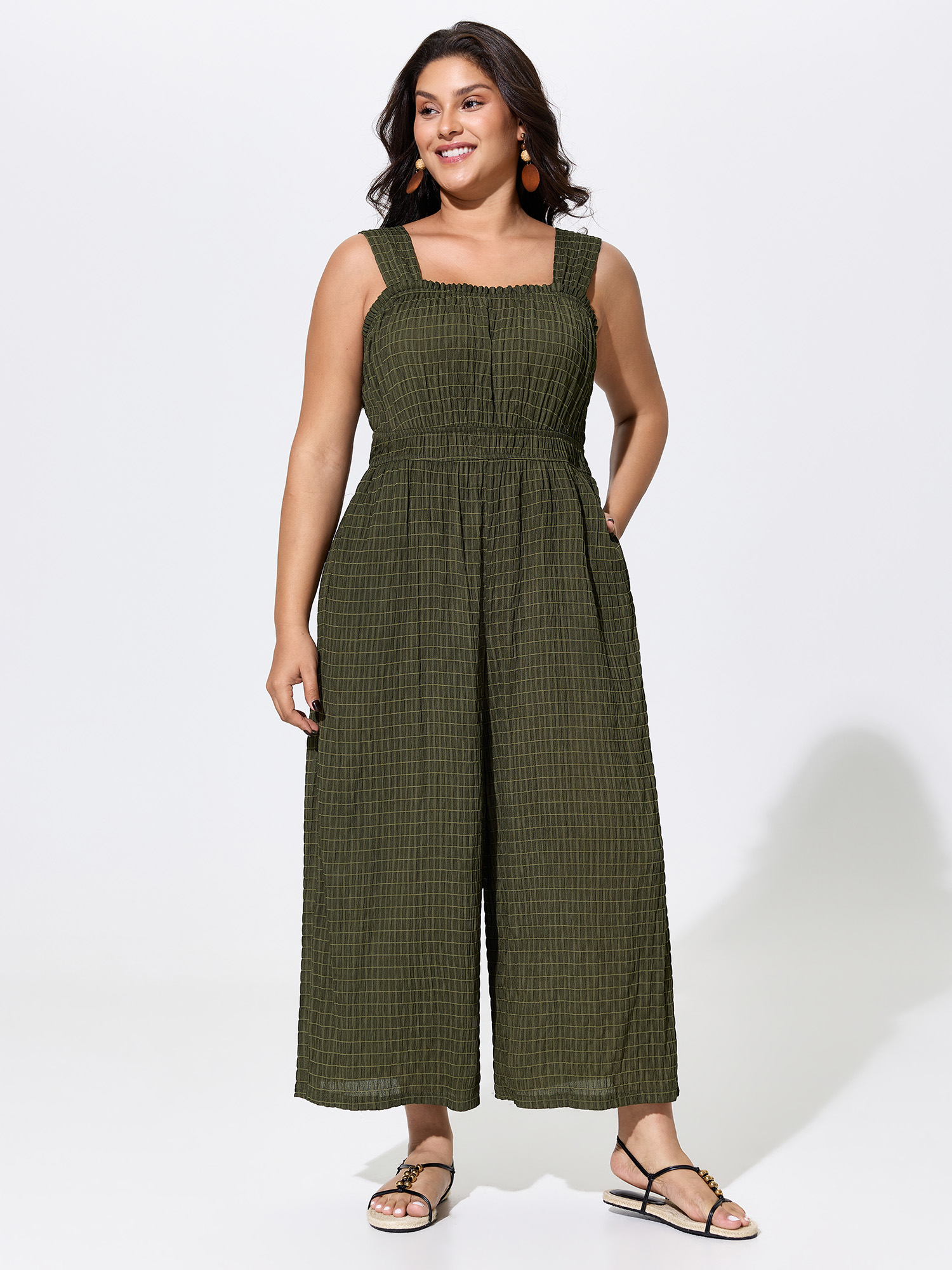 BloomChic Women's Plus Size Textured Wide Straps Shirred Waist Jumpsuit ArmyGreen Vacation 14-16/1X-image-48595663683754
