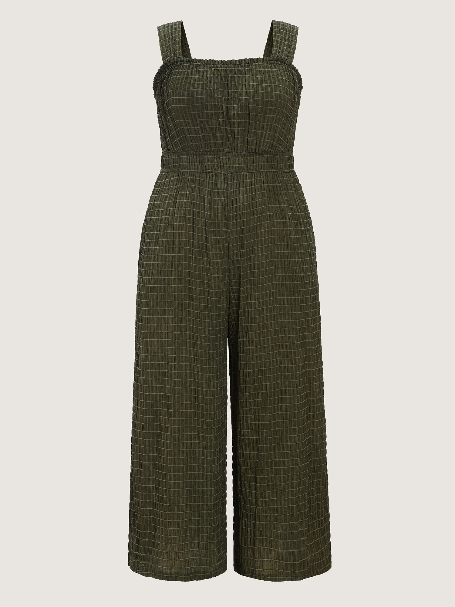 Side view of BloomChic Women's Plus Size Textured Wide Straps Shirred Waist Jumpsuit ArmyGreen Vacation 12/L