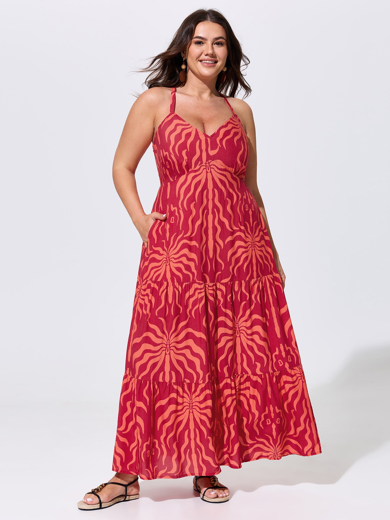 BloomChic Plus Size Tropical Breeze Print Stretchy Flowy Maxi Dress - Curve Ladies Russet Resort Sleeveless Abstract Side Pocket Daily Dresses 16/L