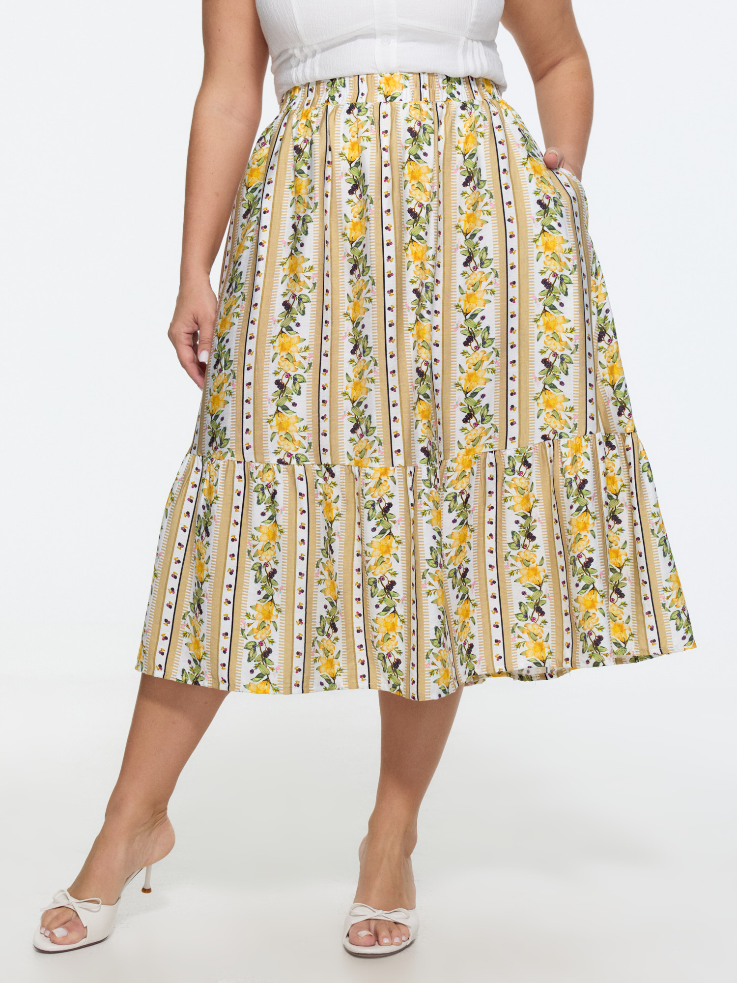 BloomChic Women's Plus Size Floral Striped Print Ruffled Hem Midi Skirt Multicolor Non Flared Elegant 28/5X-image-48595795804330