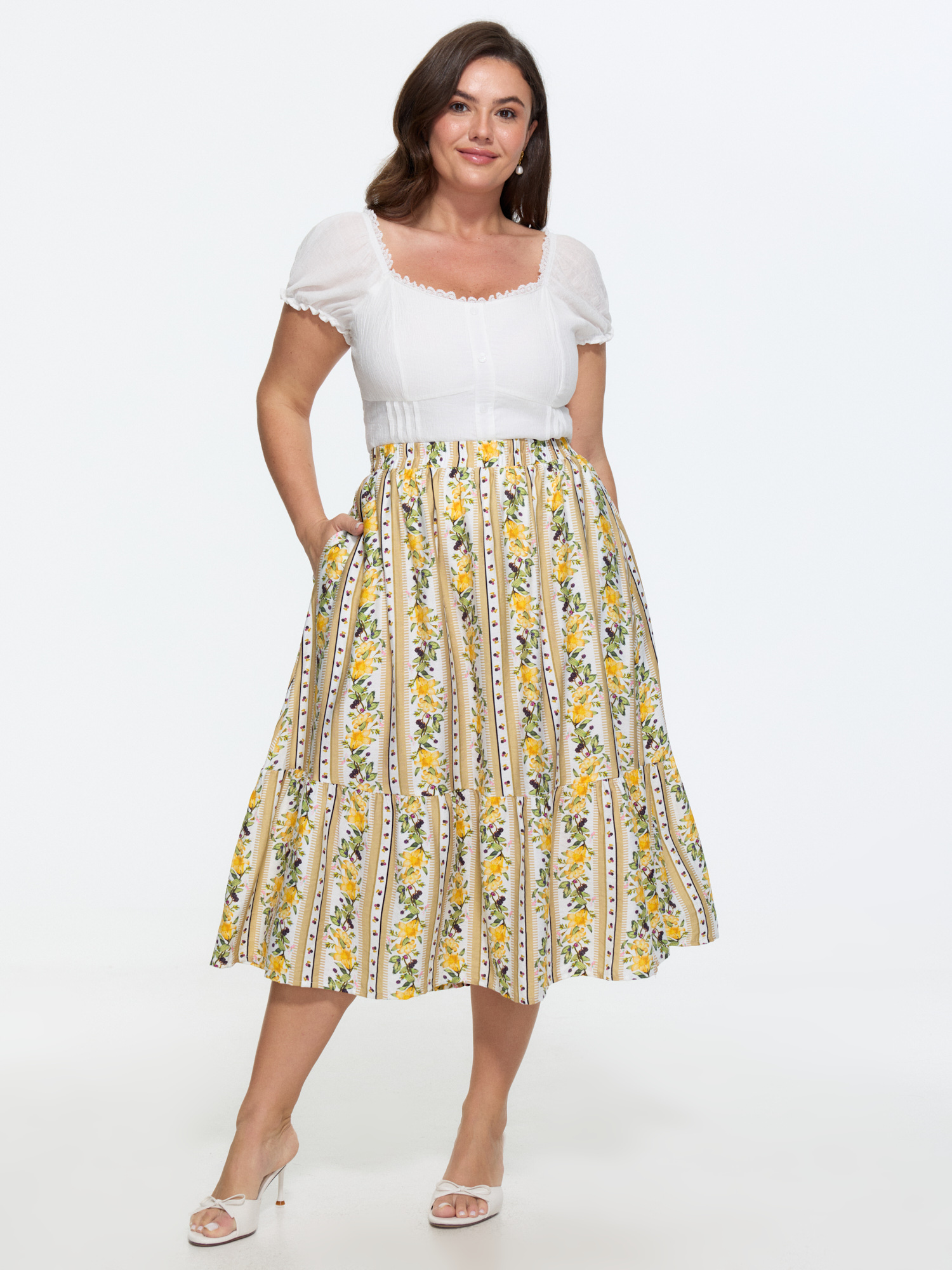 Side view of BloomChic Women's Plus Size Floral Striped Print Ruffled Hem Midi Skirt Multicolor Non Flared Elegant 26/4X