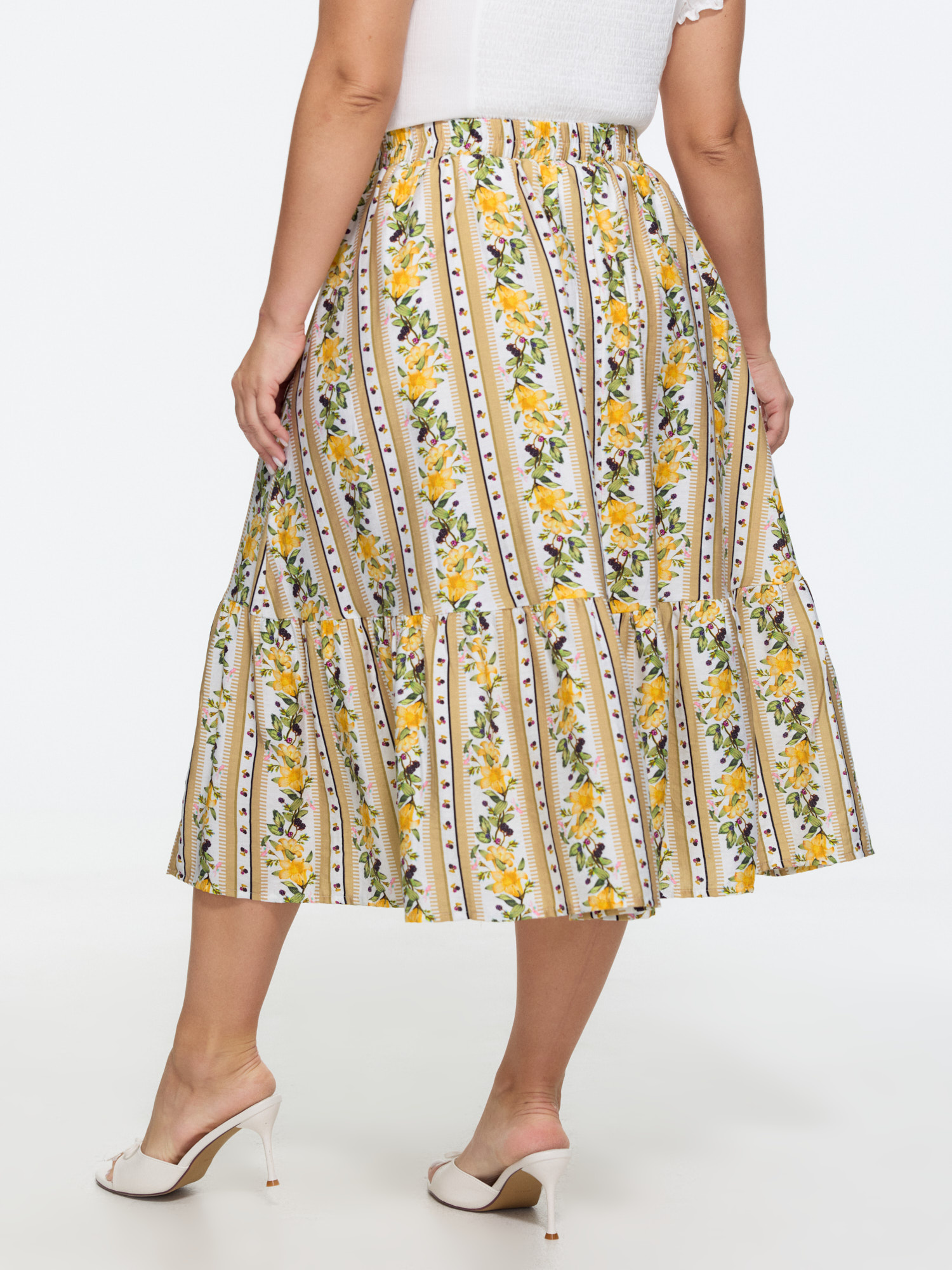 Side view of BloomChic Women's Plus Size Floral Striped Print Ruffled Hem Midi Skirt Multicolor Non Flared Elegant 26/4X