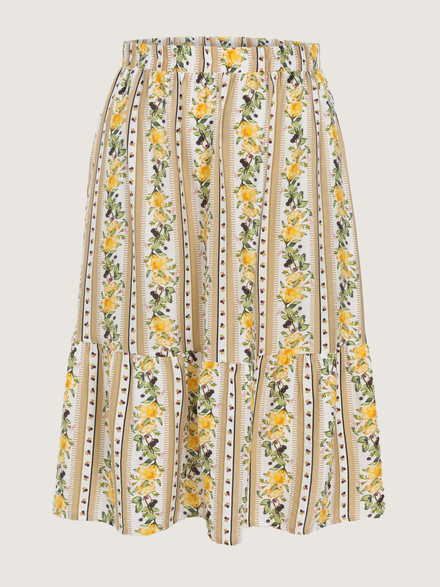Side view of BloomChic Women's Plus Size Floral Striped Print Ruffled Hem Midi Skirt Multicolor Non Flared Elegant 26/4X