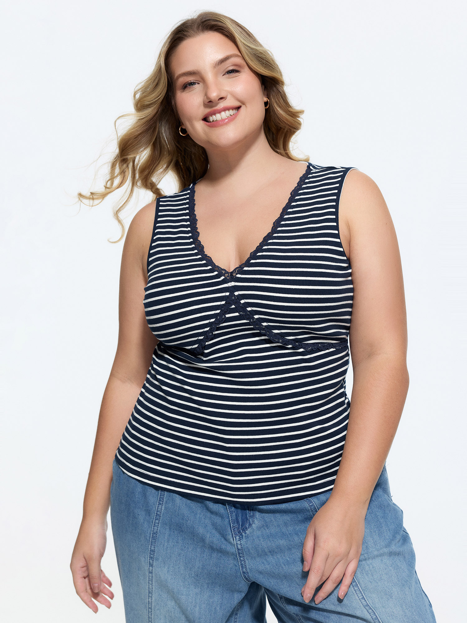BloomChic Women's Plus Size Supersoft Striped Print Fitted V-Neck Tank Top Indigo Everyday-Casual Fitted Sheath V-Neck 10/M