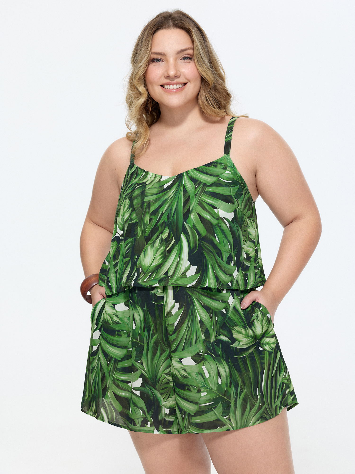 BloomChic Women's Plus Size Tropical Print Wide-Leg Breezy Romper Truegreen Vacation 30/6X-image-48453169938602