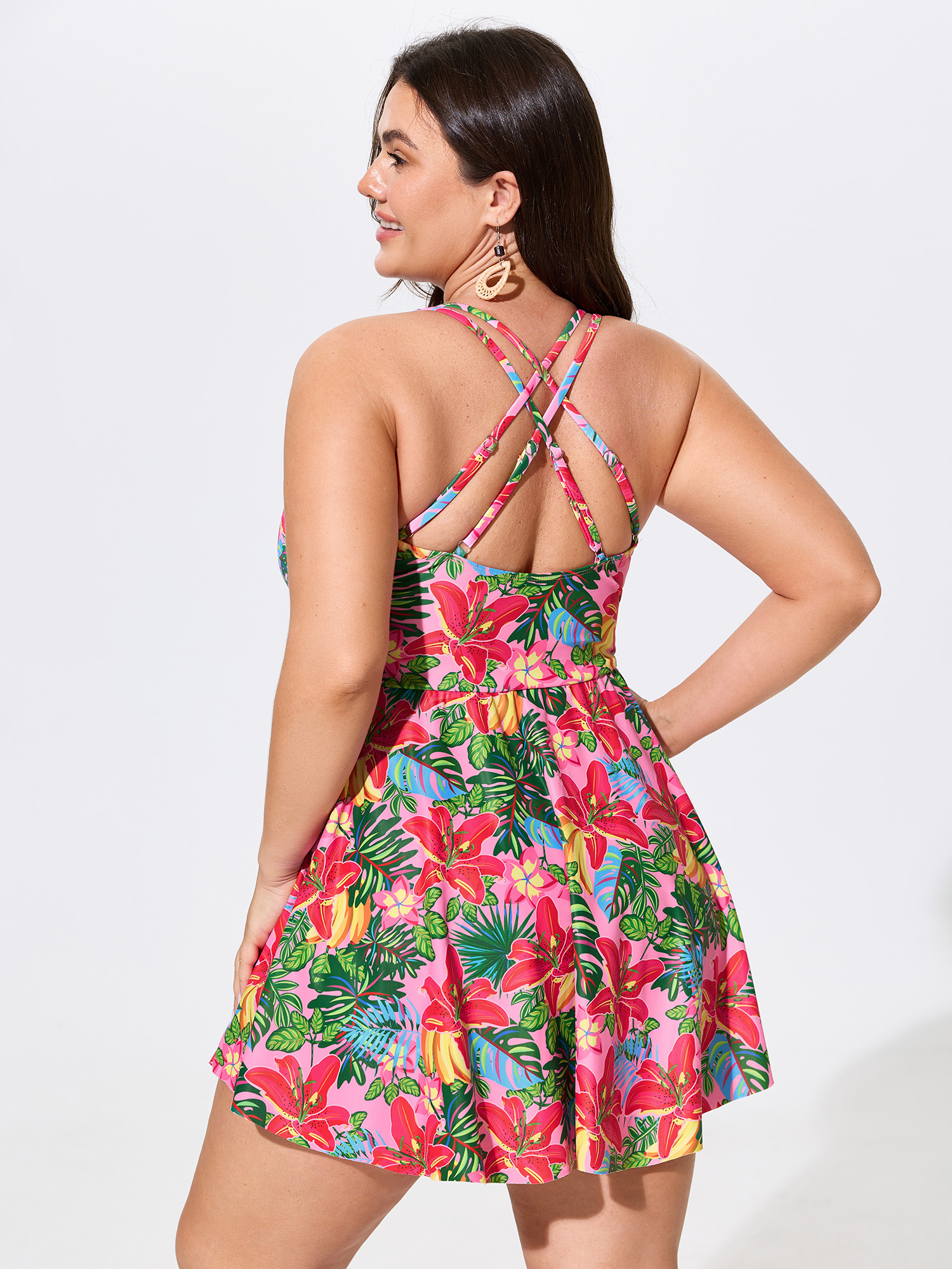 BloomChic Women's Plus Size Vibrant Floral Print Crossover Straps Swim Dress Blush Floral Non Stay-Put Hem Detail 10/M