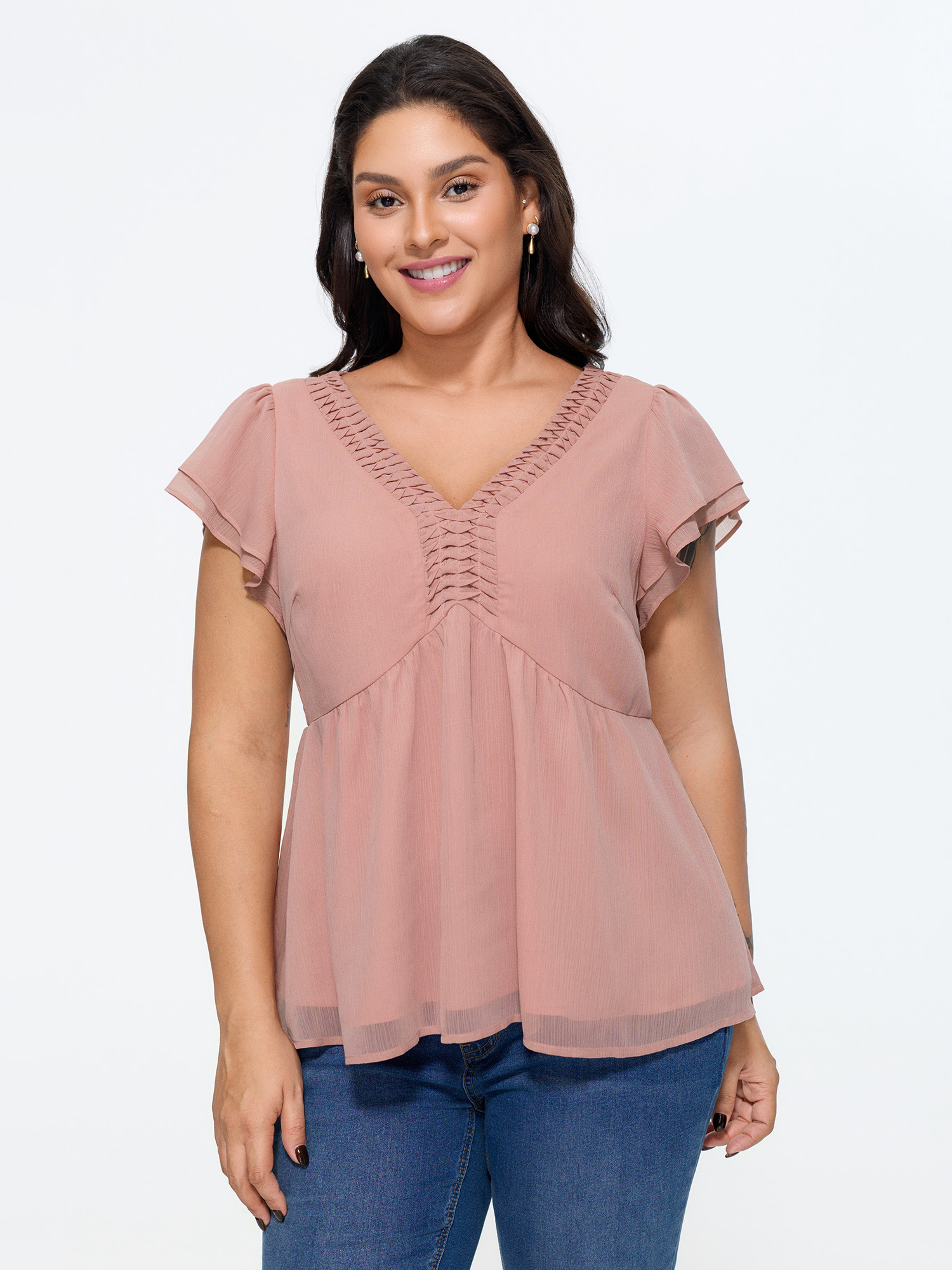 BloomChic Women's Plus Size Braided Neckline Detail Layered Sleeve Top Nudepink Solid Everyday-Elegant Cap Sleeve V-Neck 10/M