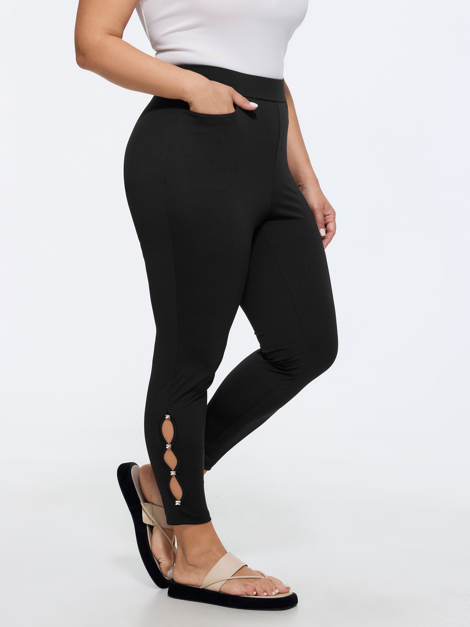 BloomChic Plus Size Stretchy Pull-On Rhinestone Cut Out Ankle Detail Leggings - Curve Women's Black Skinny fit Mid Rise Easy Pull-On Side Pocket Leggings 16/L