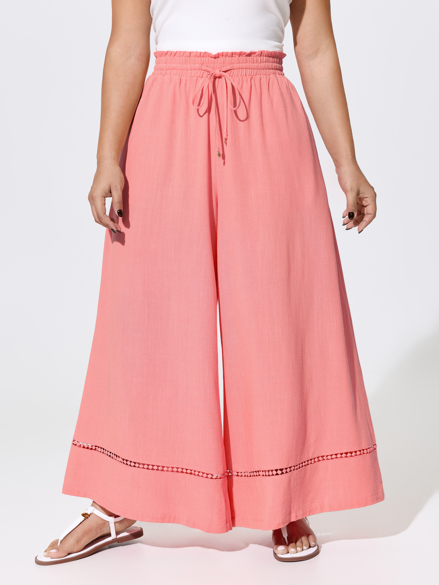 BloomChic Women's Plus Size Lace Trim Drawstring Waist Breezy Pants Crepe Solid Wide leg Mid Rise 10/M