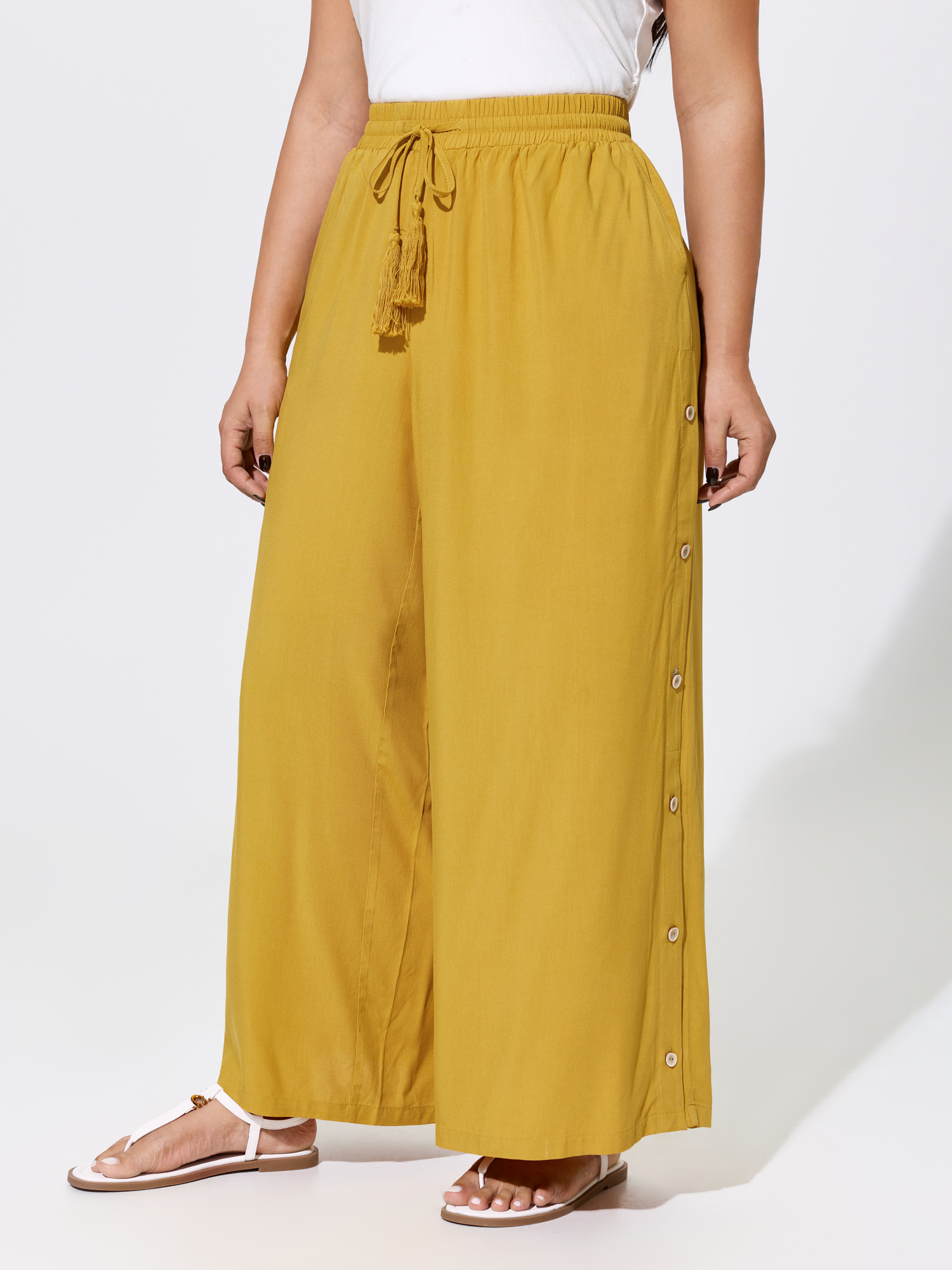 BloomChic Women's Plus Size Drawstring Shirred Waist Plain Pants Lemonyellow Solid Wide leg Mid Rise 12/L