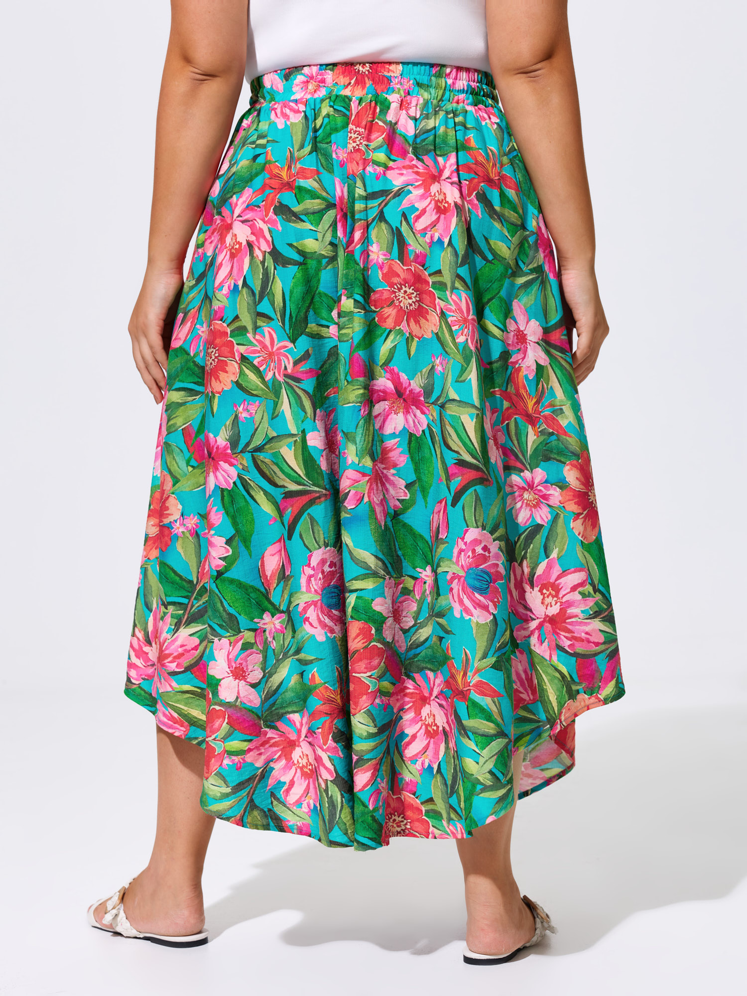 Side view of BloomChic Women's Plus Size Floral Print Drawstring Waist Arc Hem Maxi Skirt Emerald Wide Waistband Flared Vacation 30/6X