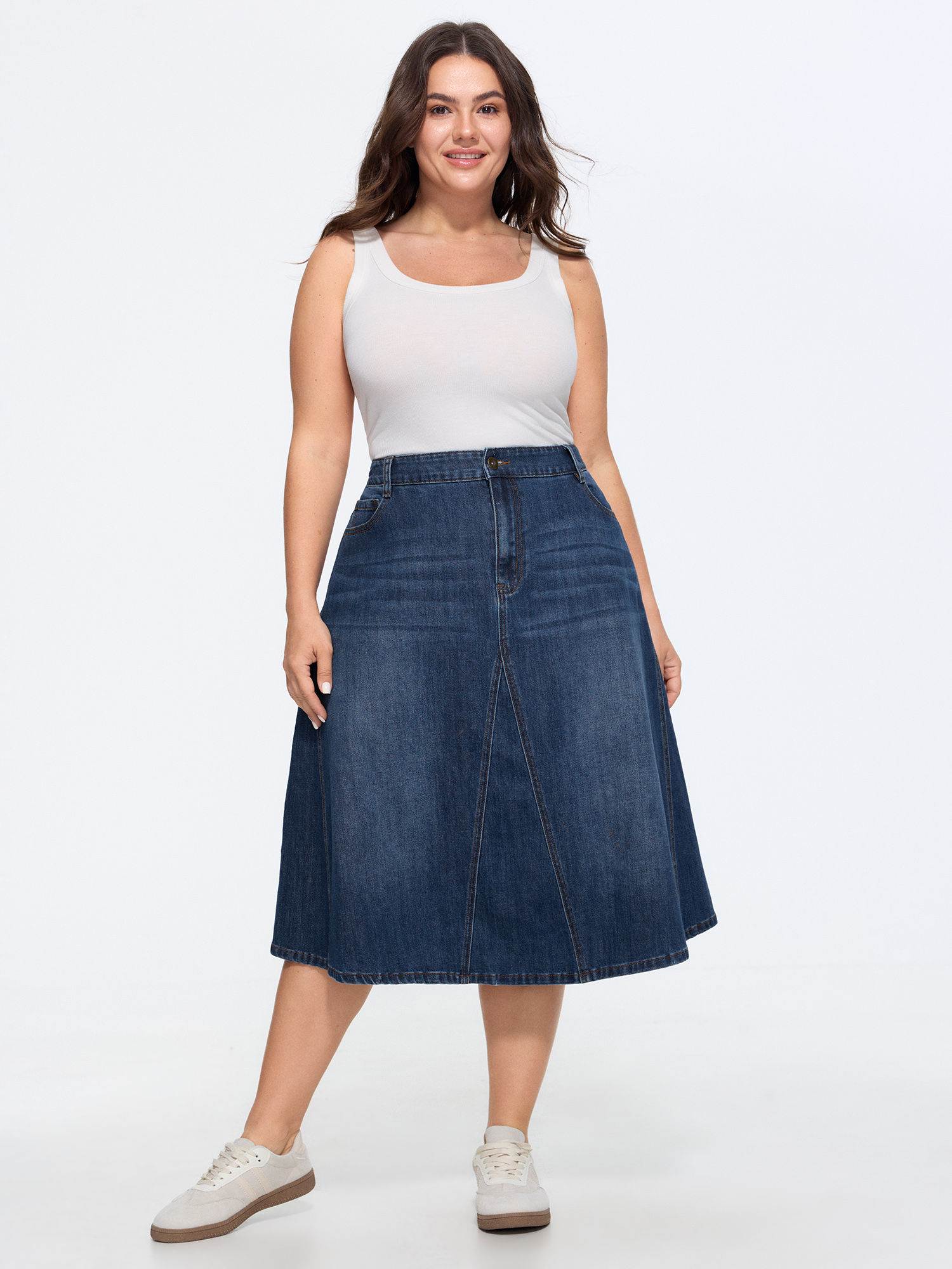 BloomChic Women's Plus Size Stretchy Seamed Mid-Rise Denim Skirt Denimblue Non Casual High Rise 30/6X-image-48618382819498