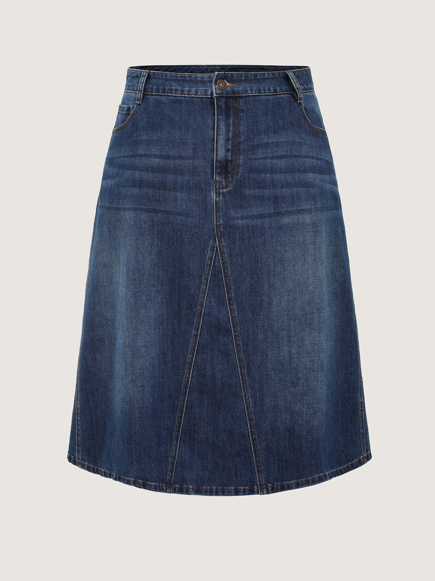 Side view of BloomChic Women's Plus Size Stretchy Seamed Mid-Rise Denim Skirt Denimblue Non Casual High Rise 12/L