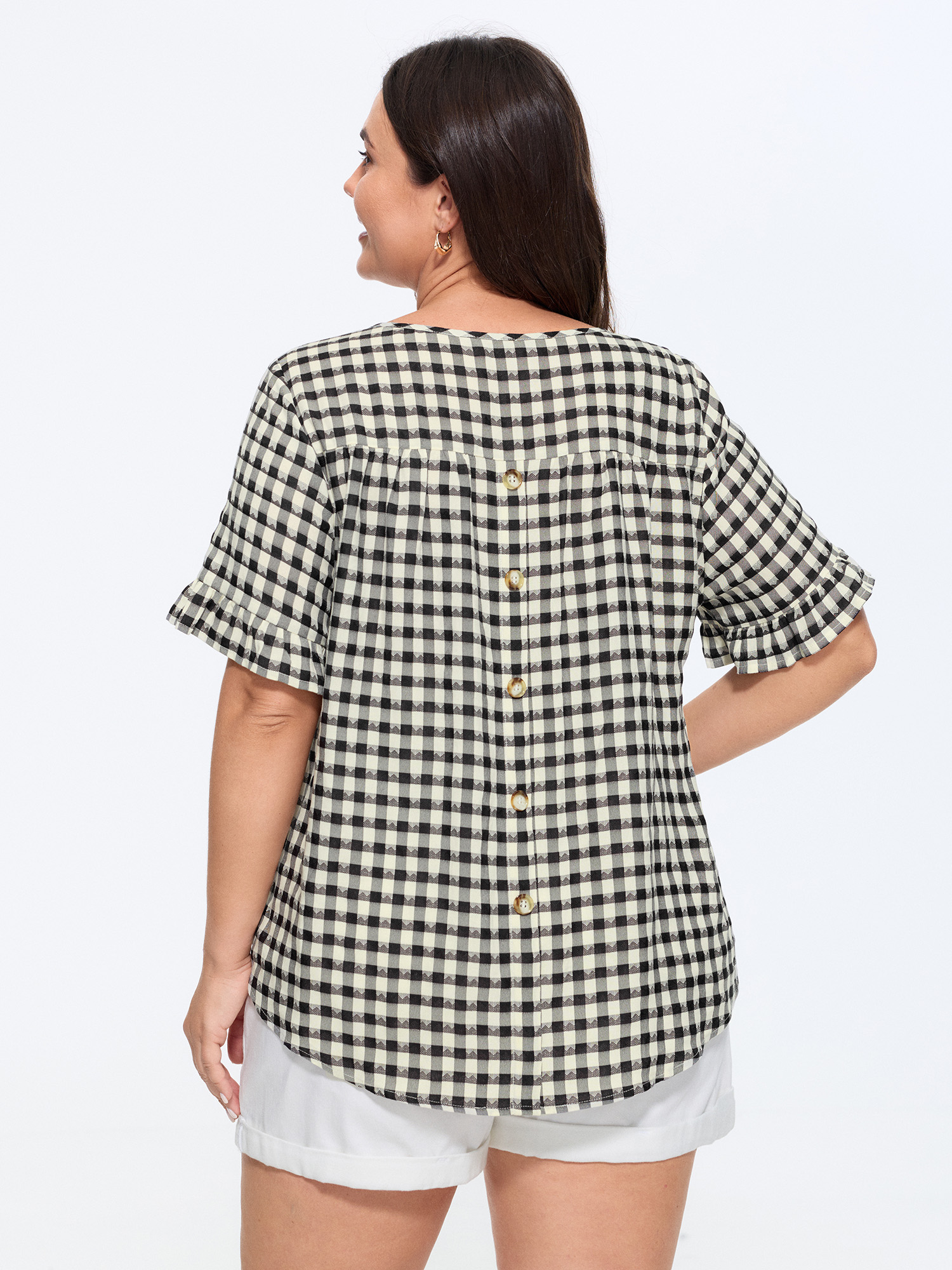 BloomChic Women's Plus Size Gingham Print Ruffled Detail Arc Hem Blouse Black Plaid Everyday-Casual Short sleeve Round Neck 10/M