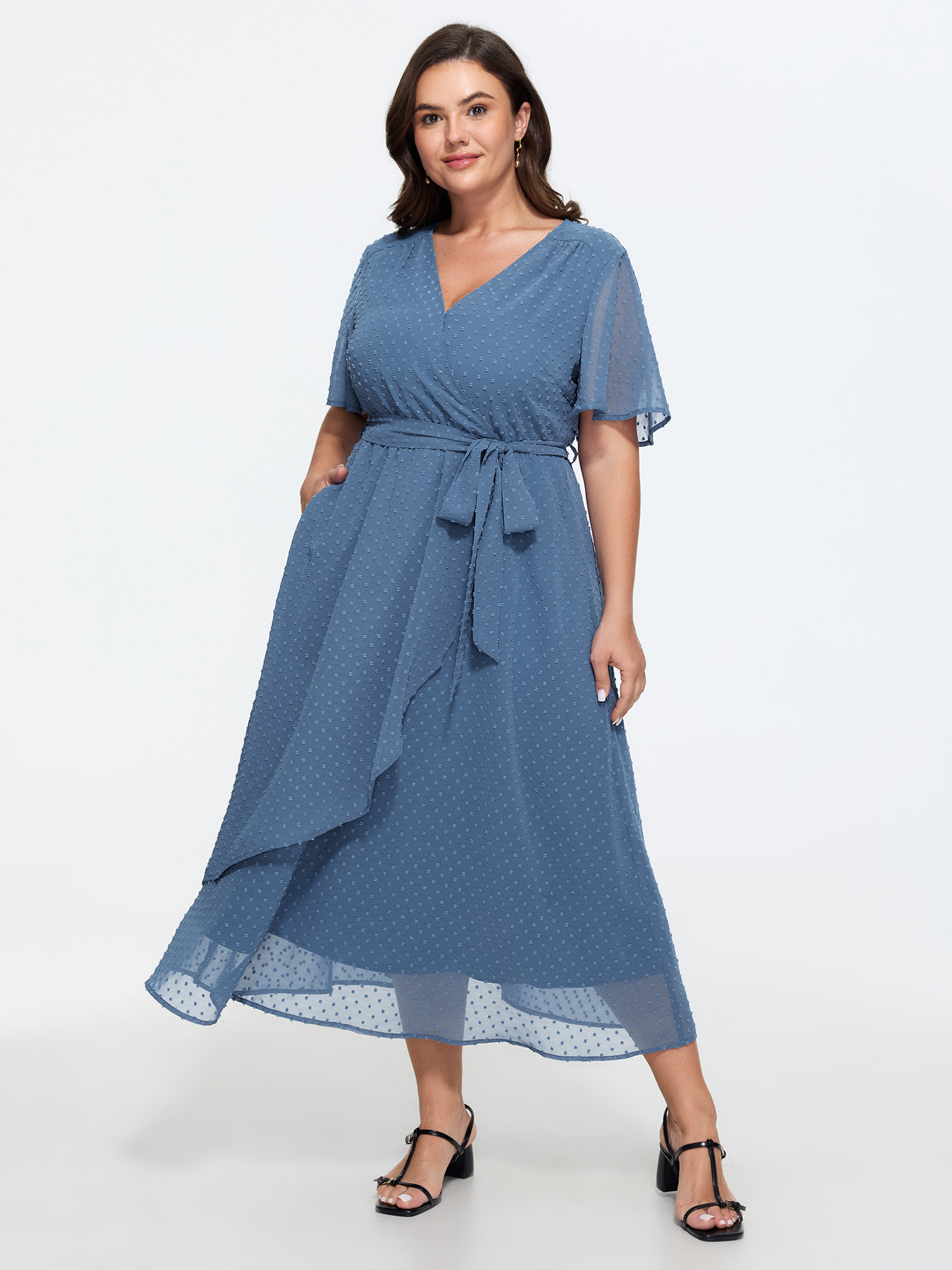 BloomChic Women's Plus Size Textured Wrap Ruffled Front Midi Dress Stone Solid Midi Everyday-Elegant 22-24/3X